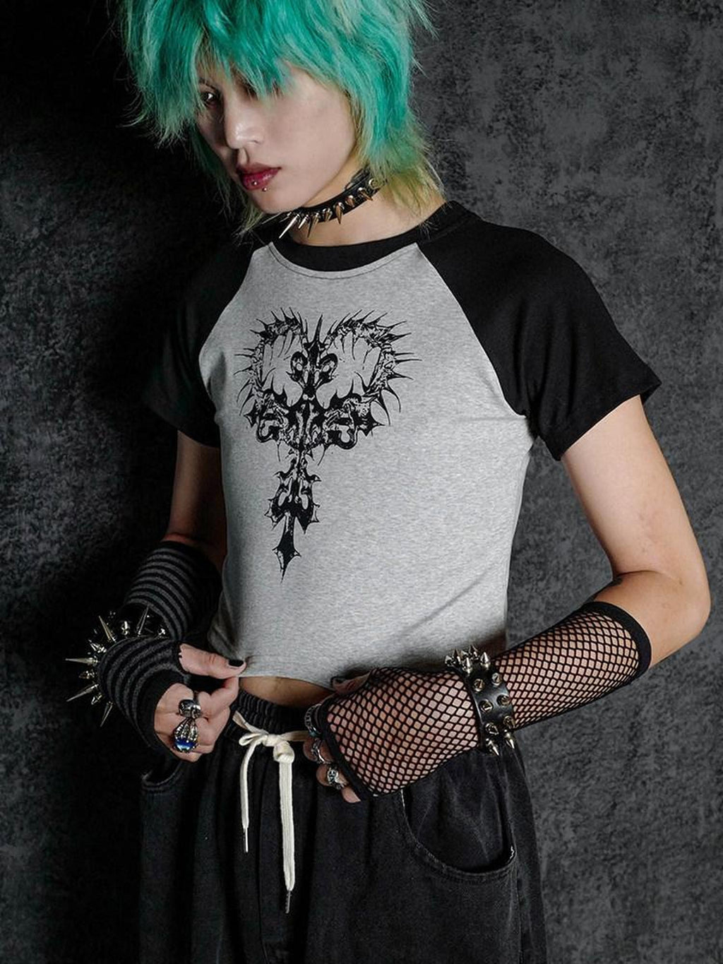RebelSeed Dark Gothic Skeleton Cross Print Raglan Women's Cotton Short Sleeve T-shirts