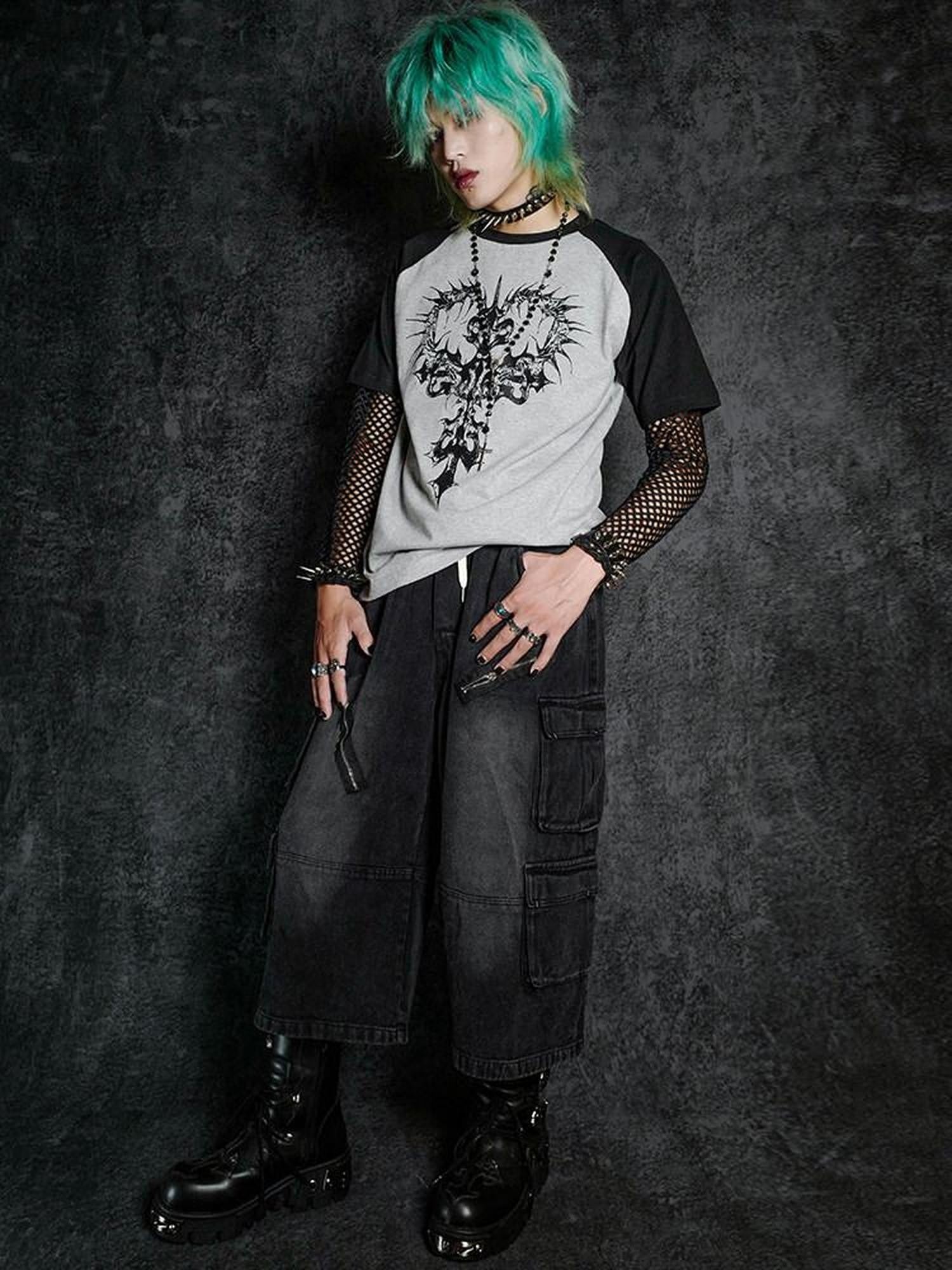 RebelSeed Dark Gothic Skeleton Cross Print Raglan Women's Cotton Short Sleeve T-shirts