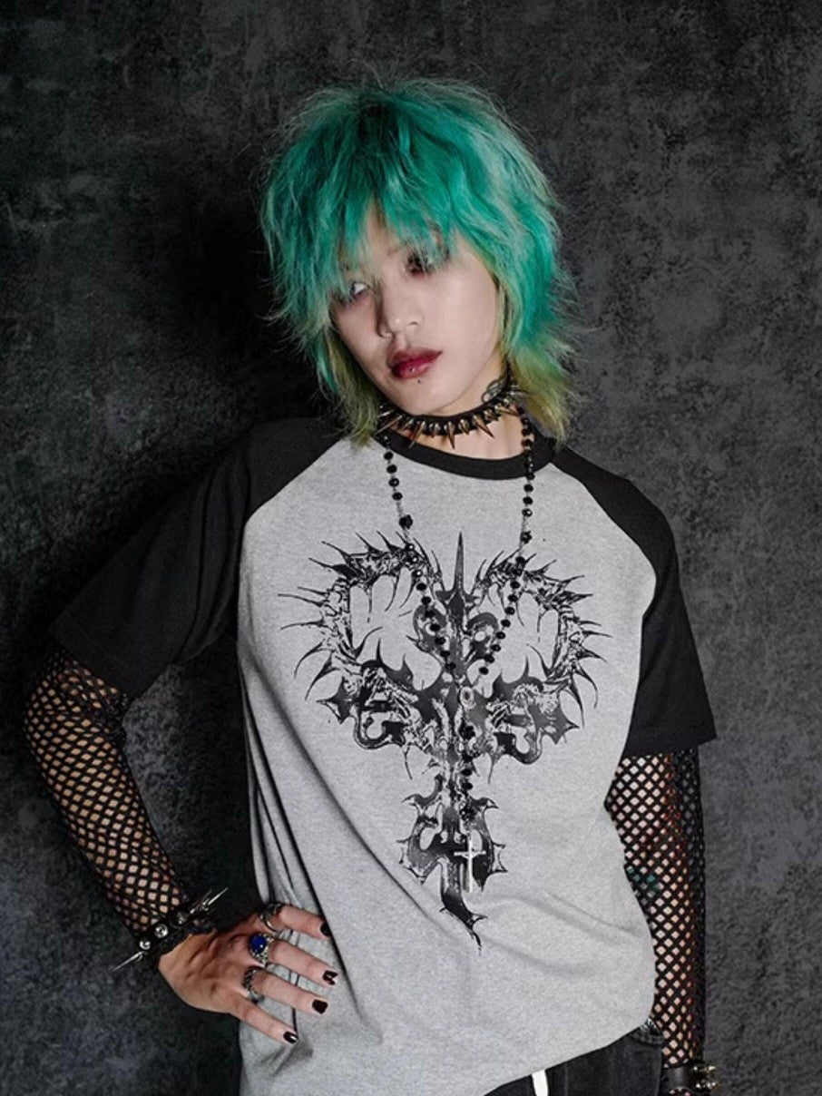 RebelSeed Dark Gothic Skeleton Cross Print Raglan Women's Cotton Short Sleeve T-shirts
