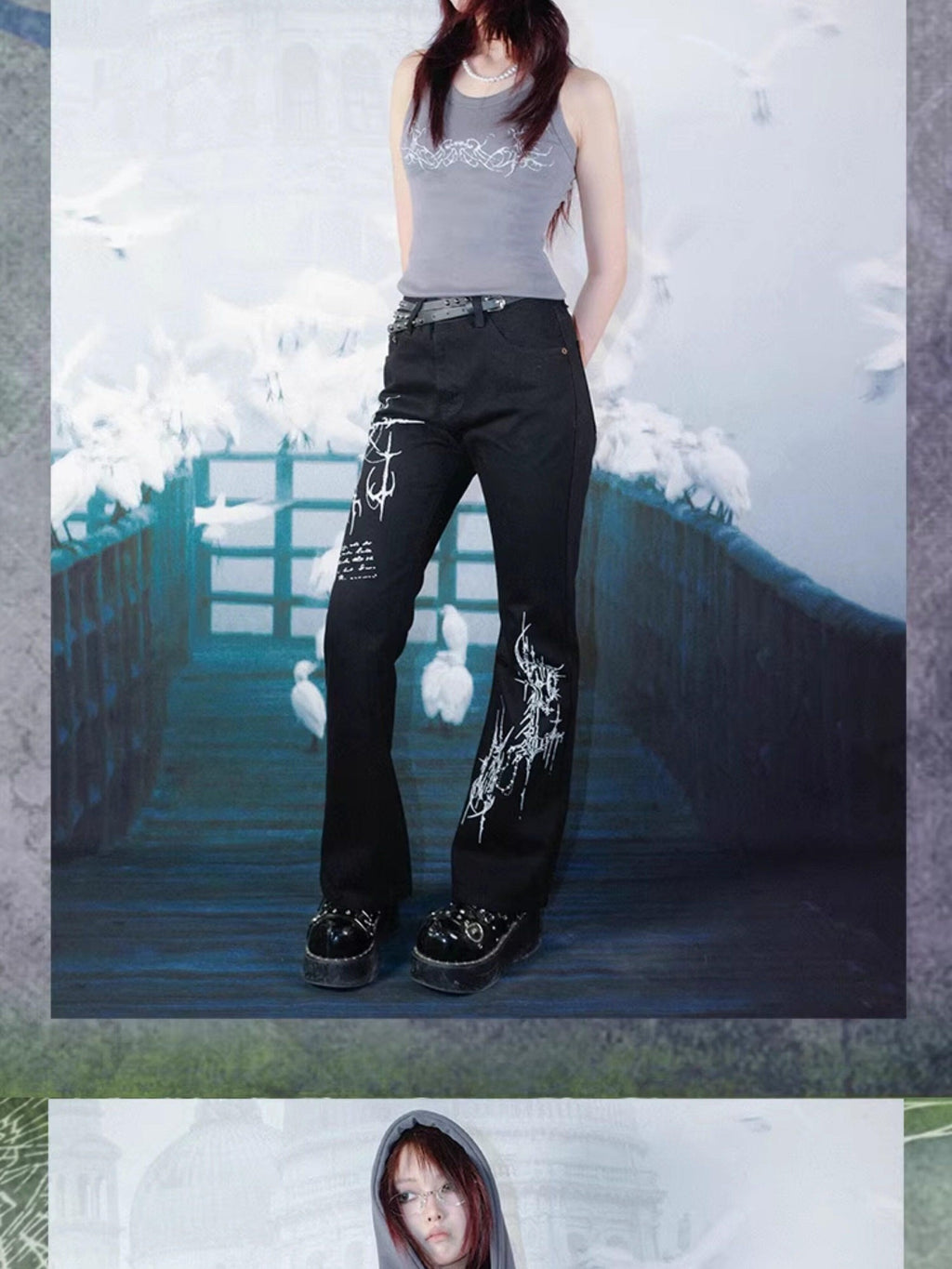 RebelSeed Dark Gothic Totem Subculture Women's Denim Micro Flare Jeans