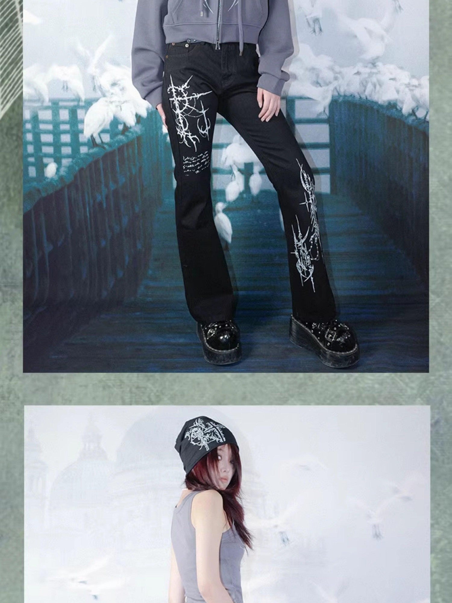 RebelSeed Dark Gothic Totem Subculture Women's Denim Micro Flare Jeans