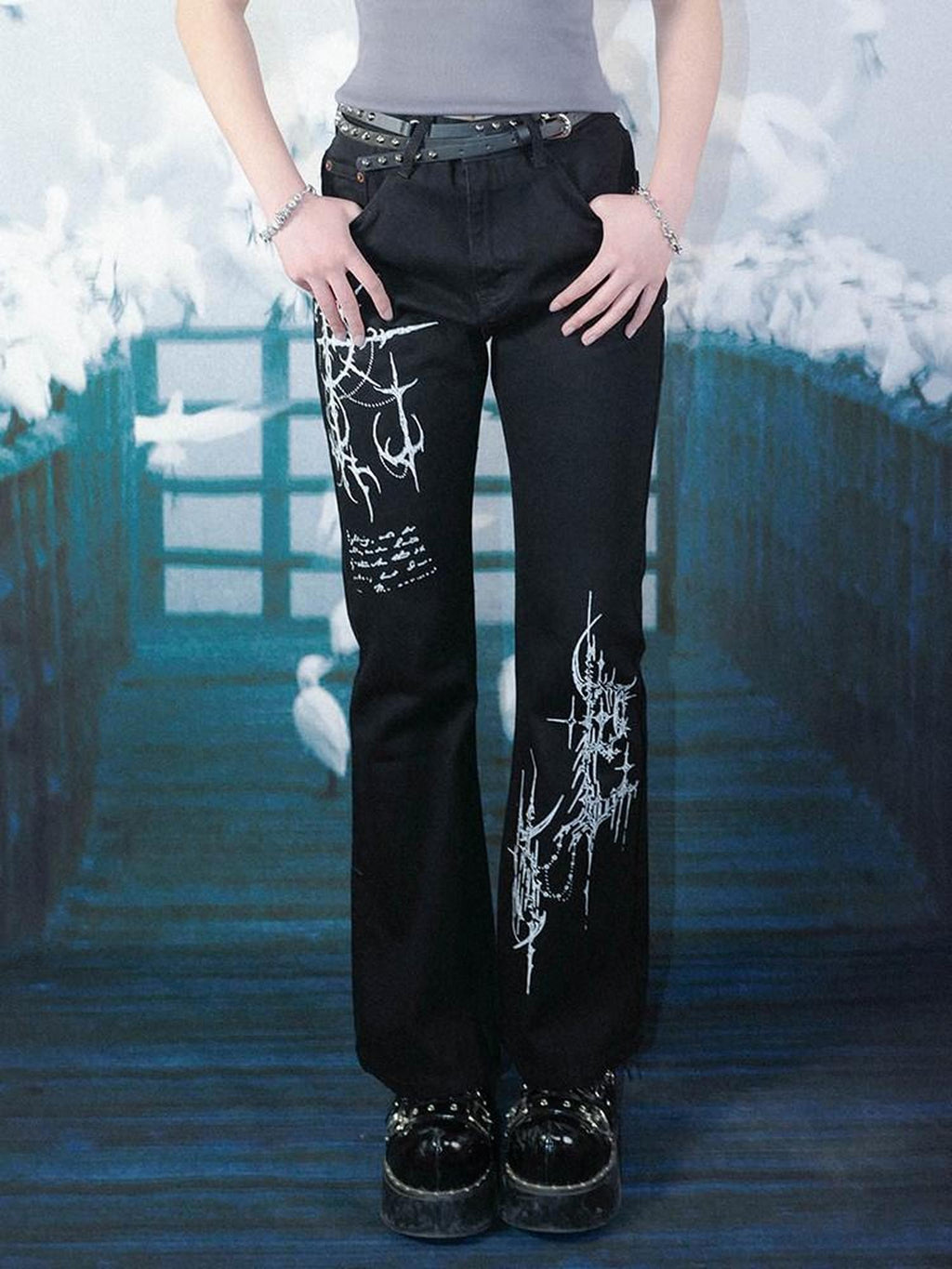 RebelSeed Dark Gothic Totem Subculture Women's Denim Micro Flare Jeans