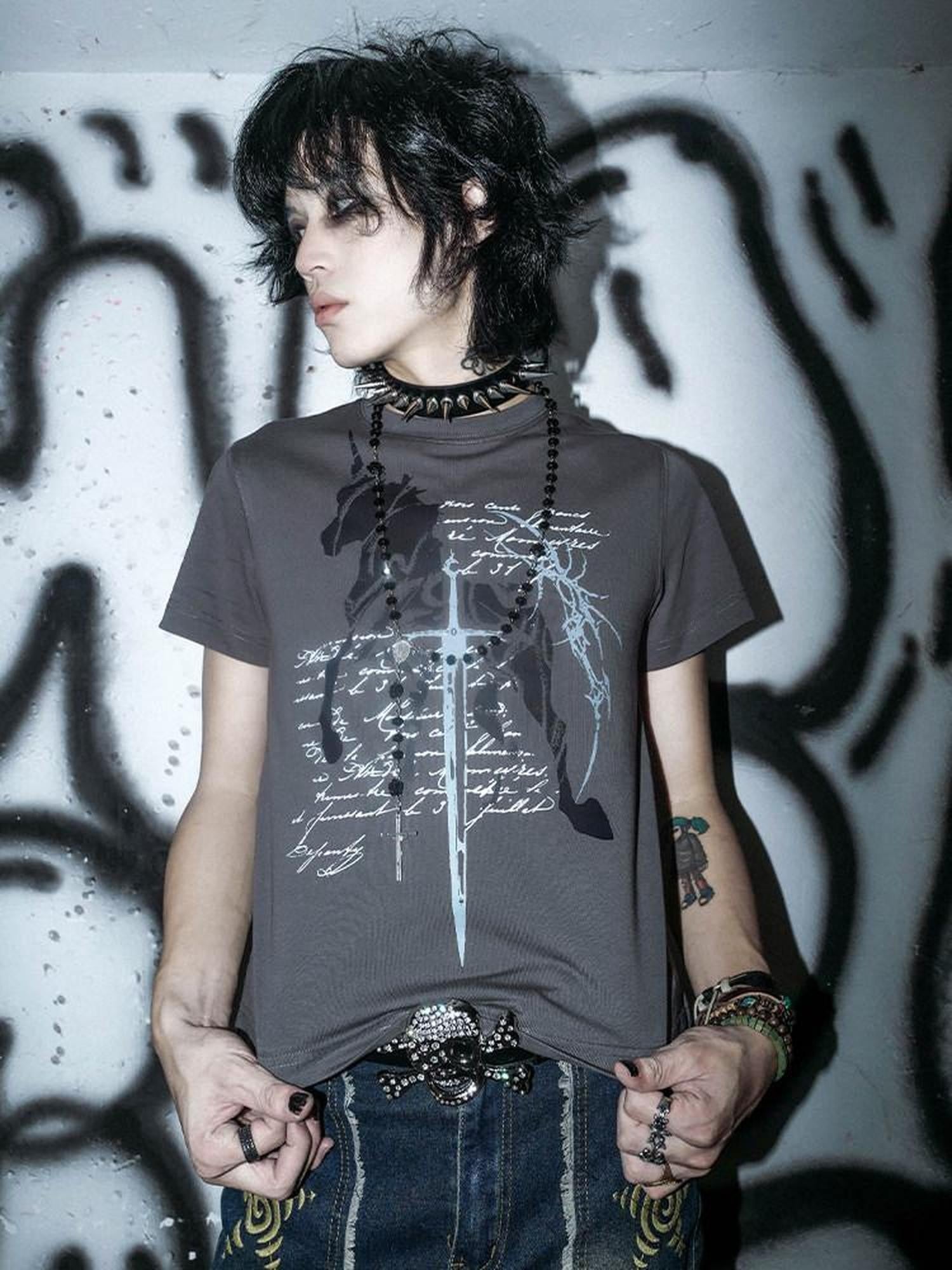 RebelSeed Dark Gothic Unicorn Rune Heat Print Women's Cotton Short Sleeve T-shirts