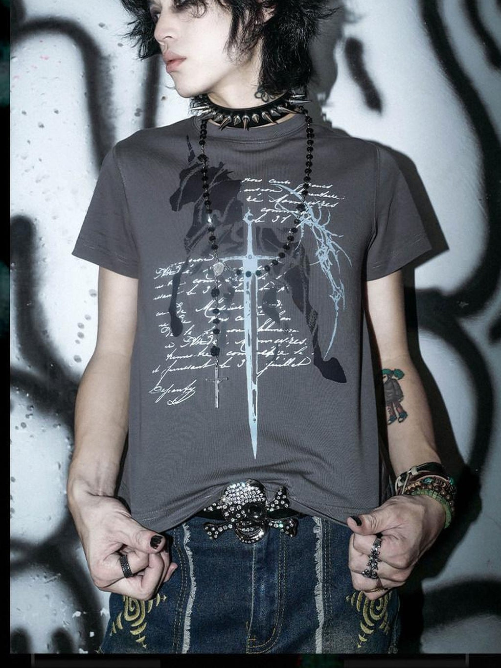 RebelSeed Dark Gothic Unicorn Rune Heat Print Women's Cotton Short Sleeve T-shirts