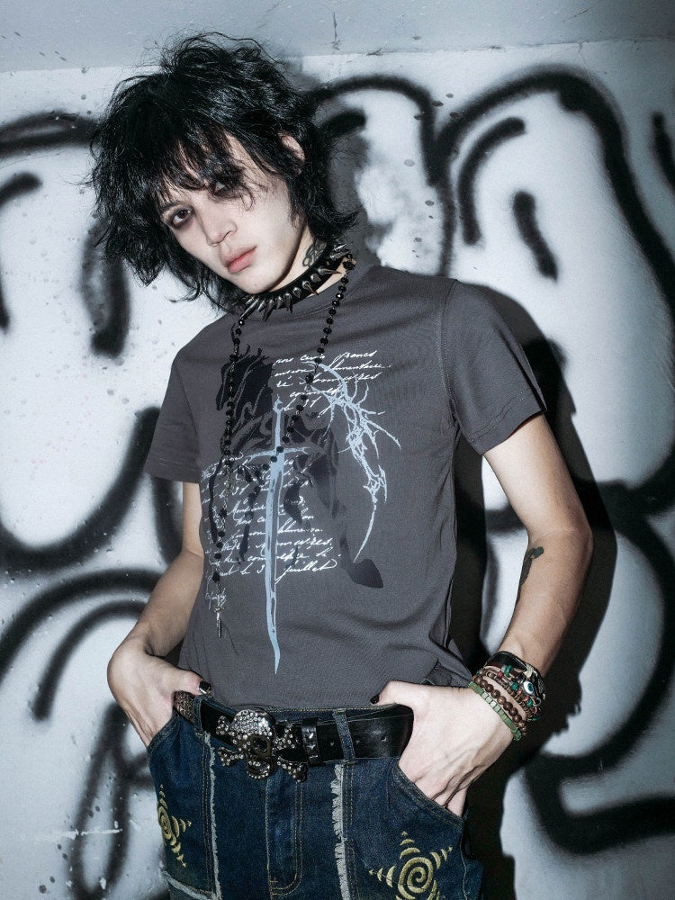 RebelSeed_Dark_Gothic_Unicorn_Rune_Print_Women's_Cotton_Slim_Short_Sleeve_T-shirts_1038549599518_MISSTT