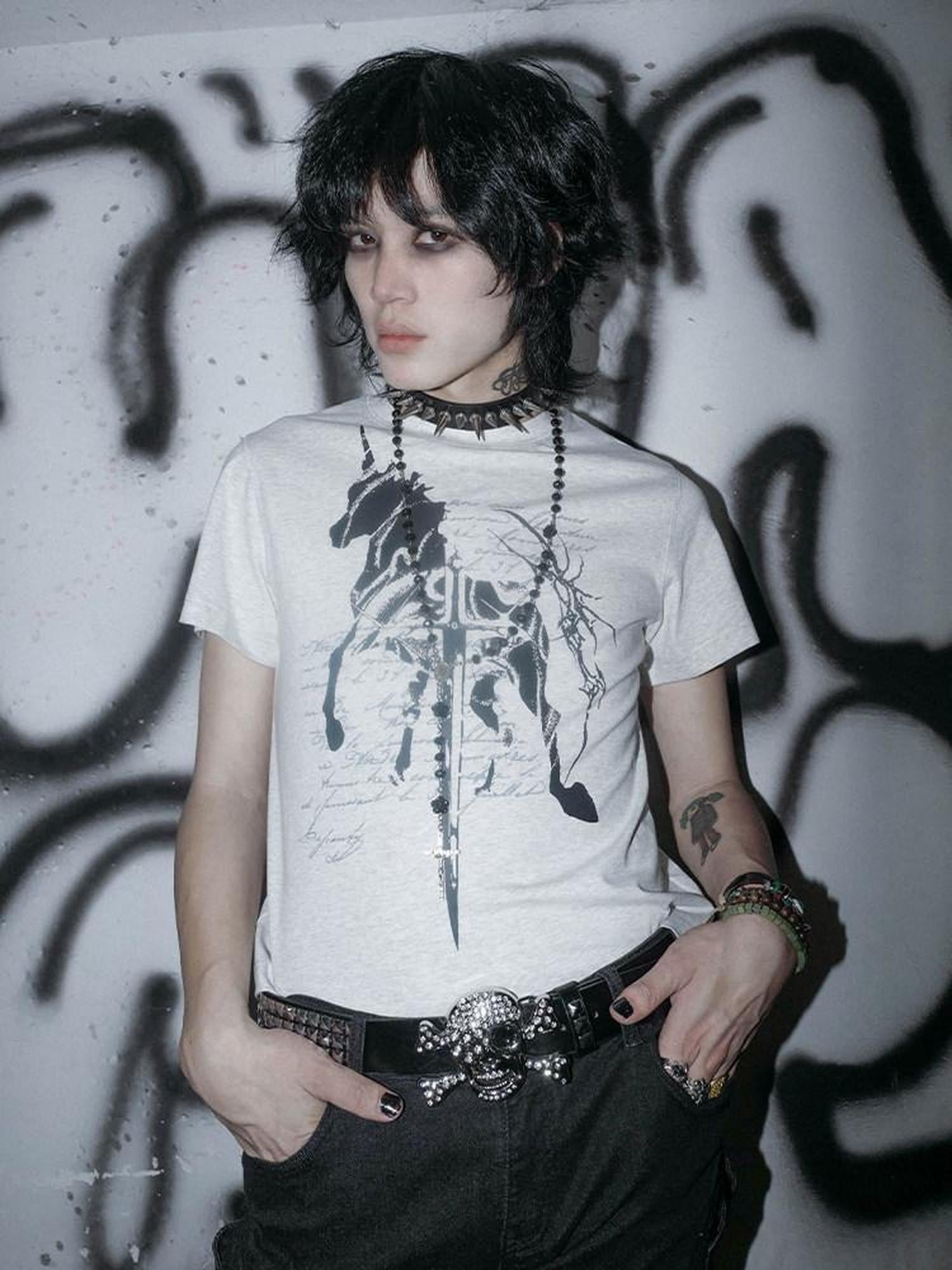 RebelSeed Dark Gothic Unicorn Rune Print Women's Cotton Slim Short Sleeve T-shirts
