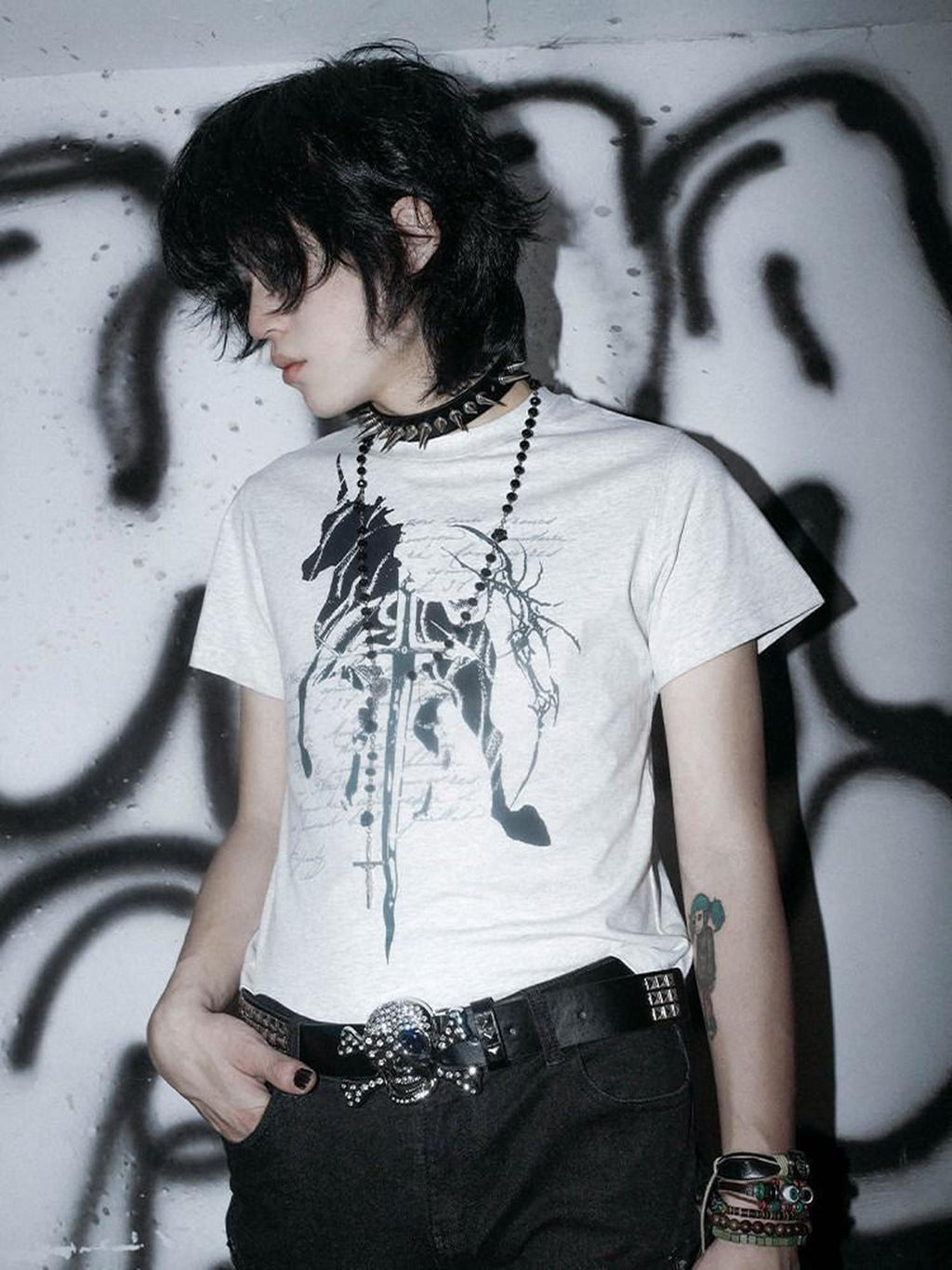 RebelSeed Dark Gothic Unicorn Rune Print Women's Cotton Slim Short Sleeve T-shirts
