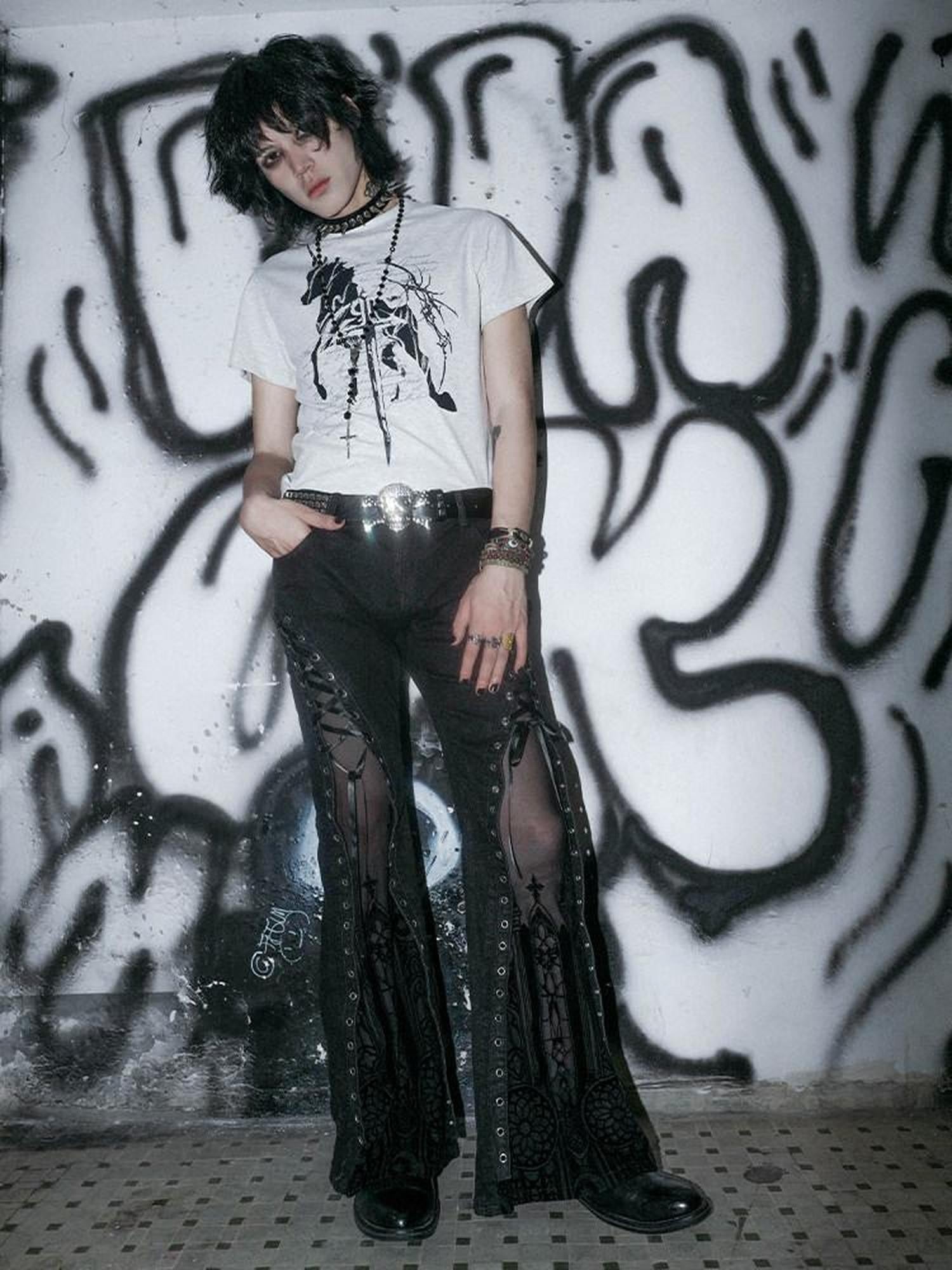 RebelSeed Dark Gothic Unicorn Rune Print Women's Cotton Slim Short Sleeve T-shirts