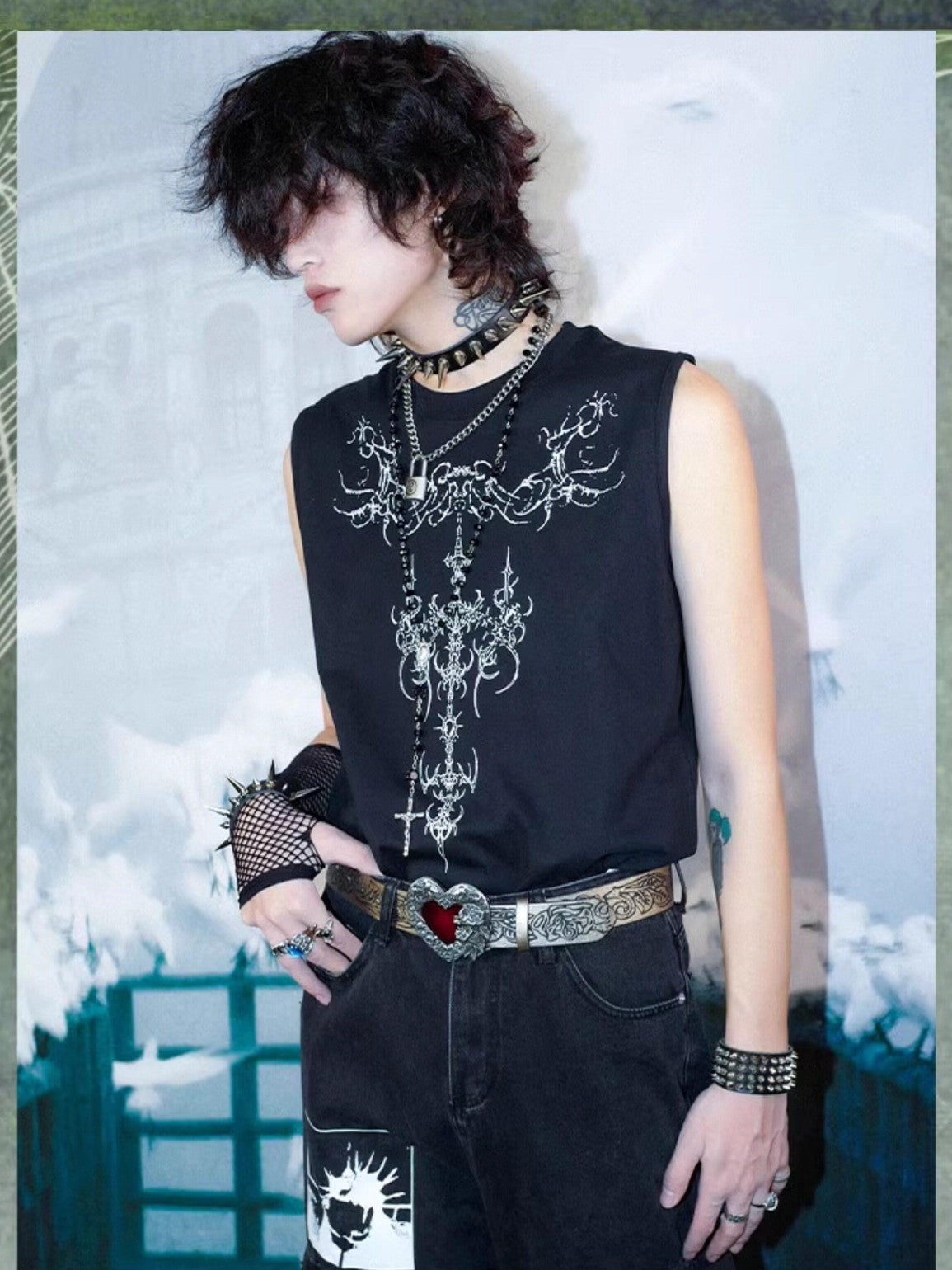 RebelSeed Dark Graffiti Heat Transfer Punk Round Neck Women's Cotton Tank Tops