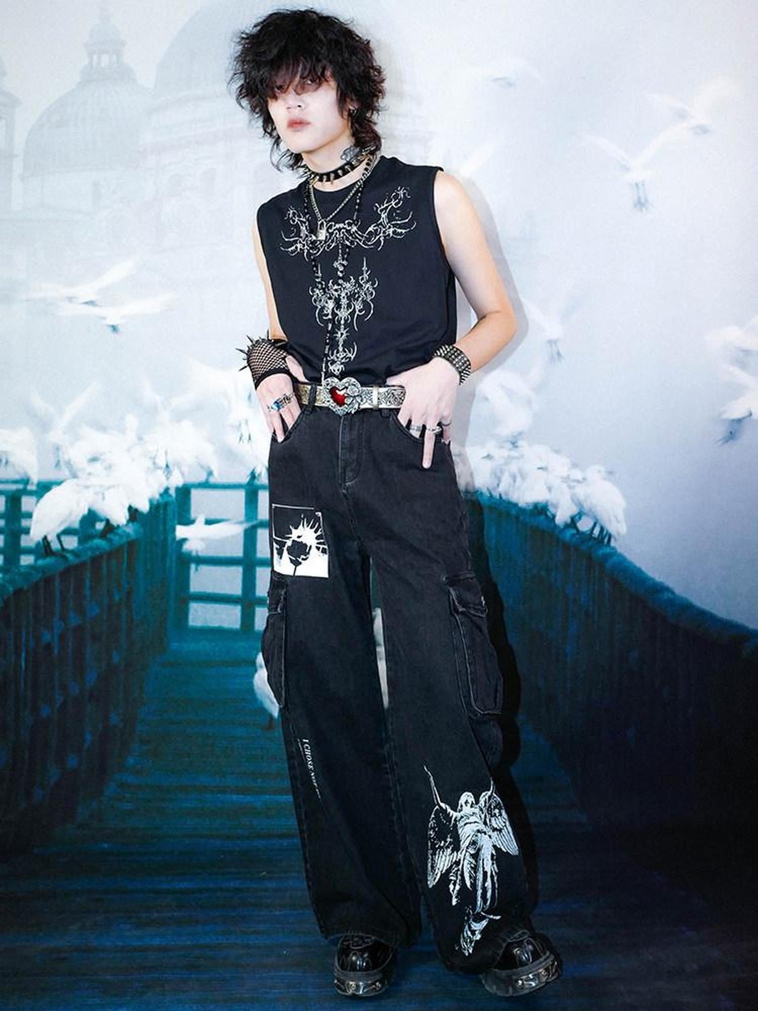 RebelSeed Dark Graffiti Heat Transfer Punk Round Neck Women's Cotton Tank Tops