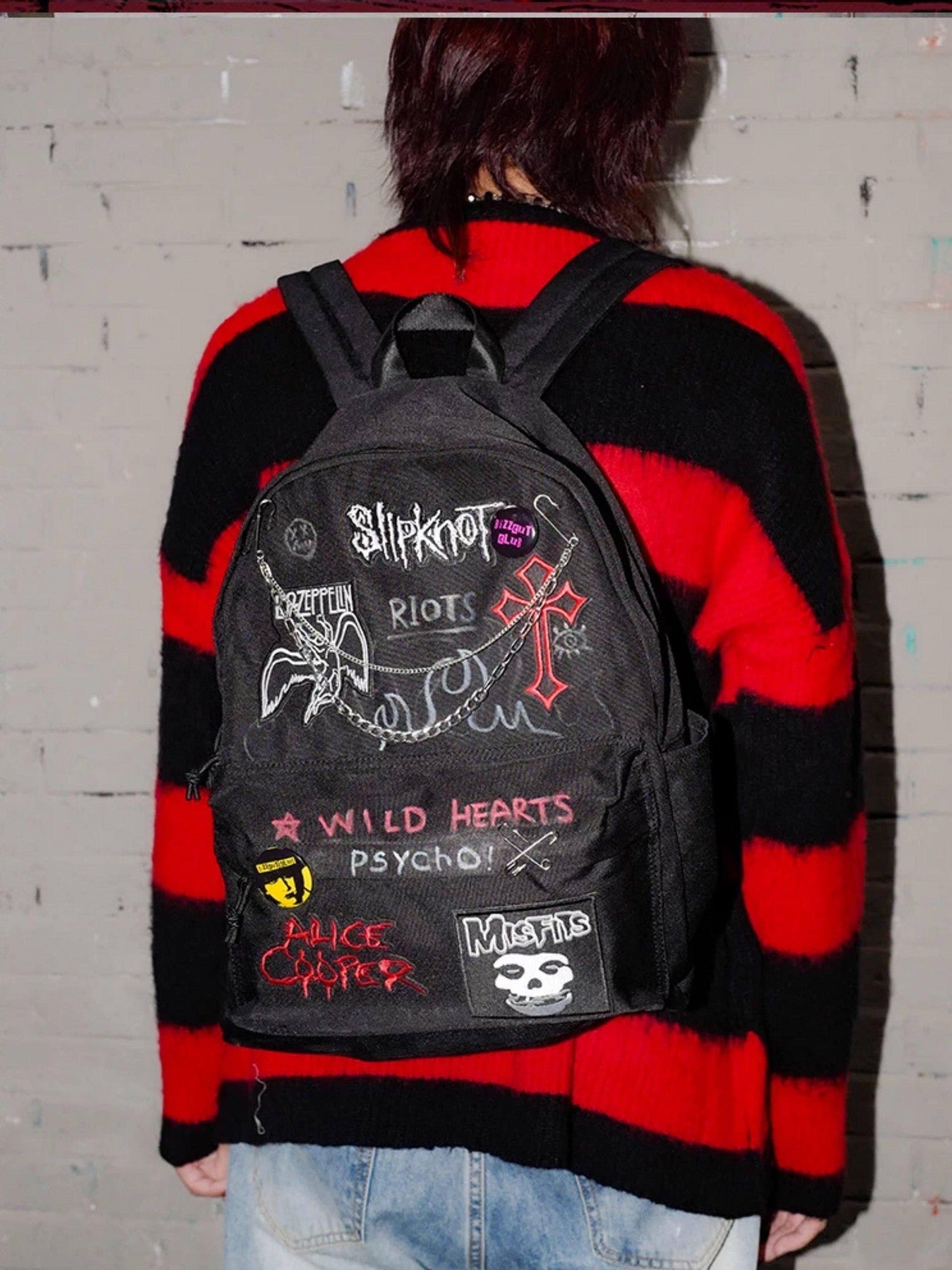 RebelSeed Dark Handpainted Graffiti Embroidered Chain Pin Women's Backpacks