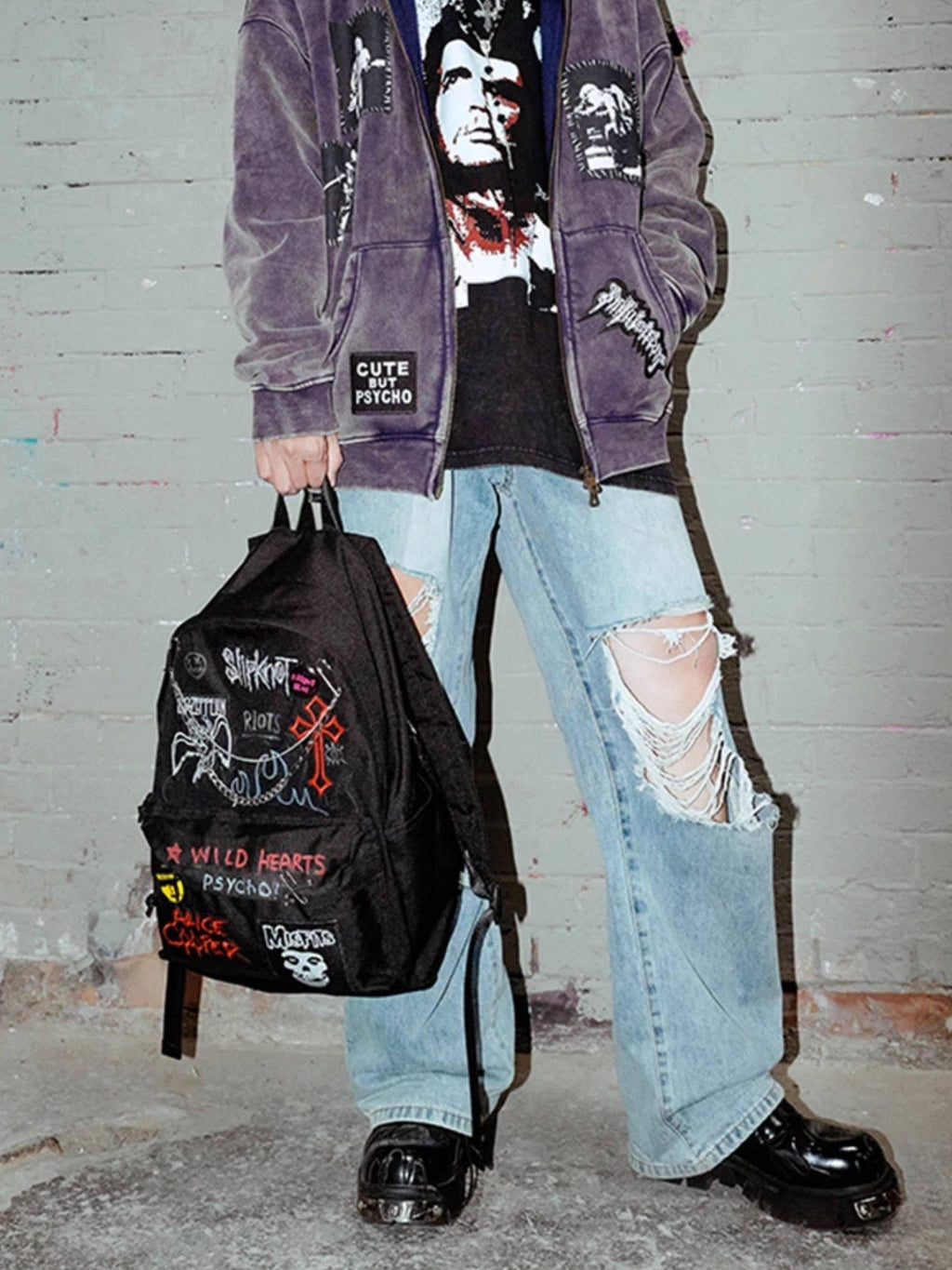 RebelSeed Dark Handpainted Graffiti Embroidered Chain Pin Women's Backpacks