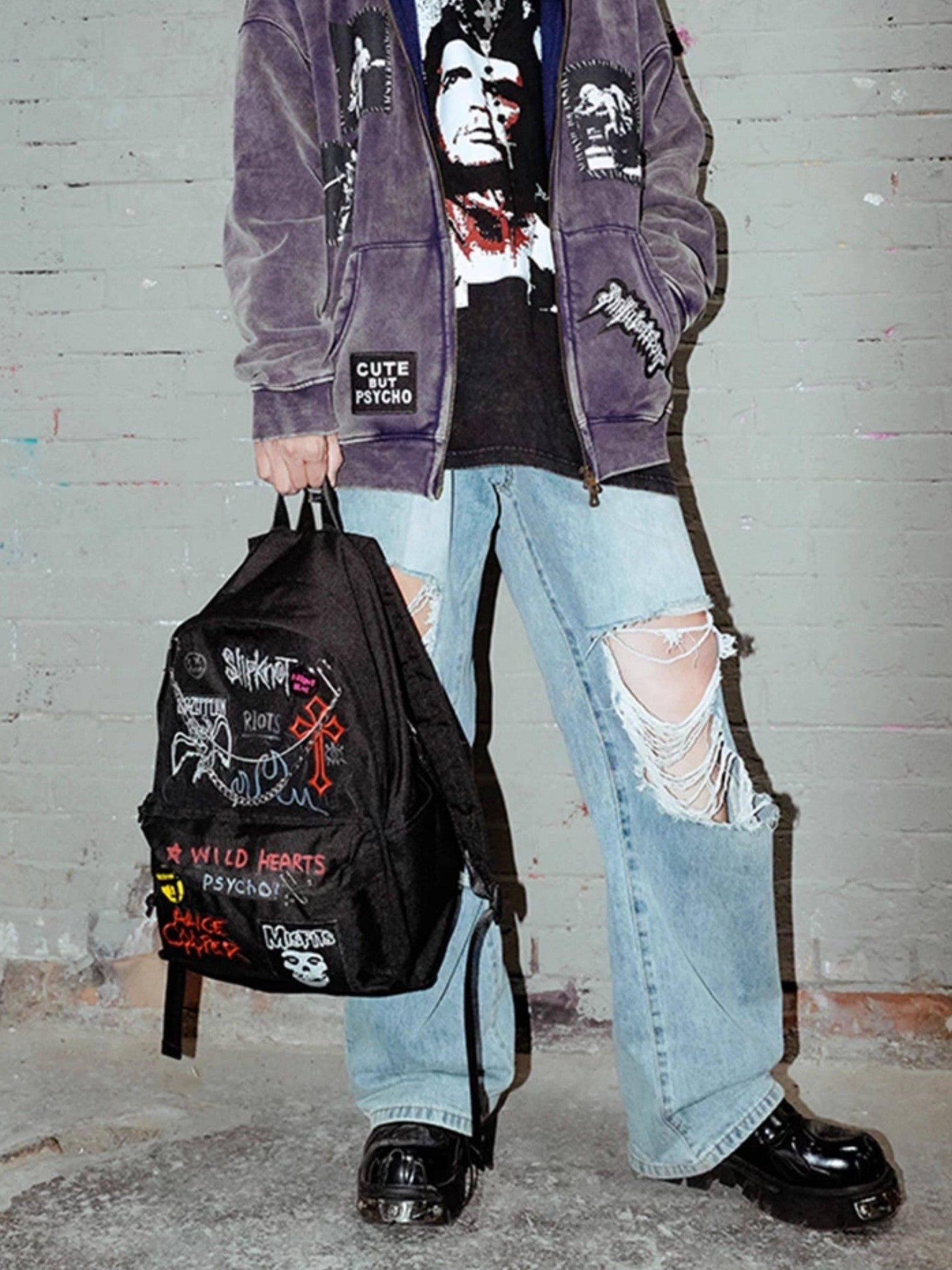 RebelSeed Dark Handpainted Graffiti Embroidered Chain Pin Women's Backpacks