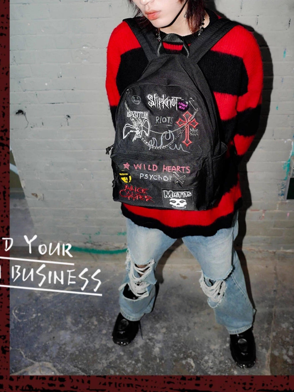 RebelSeed Dark Handpainted Graffiti Embroidered Chain Pin Women's Backpacks