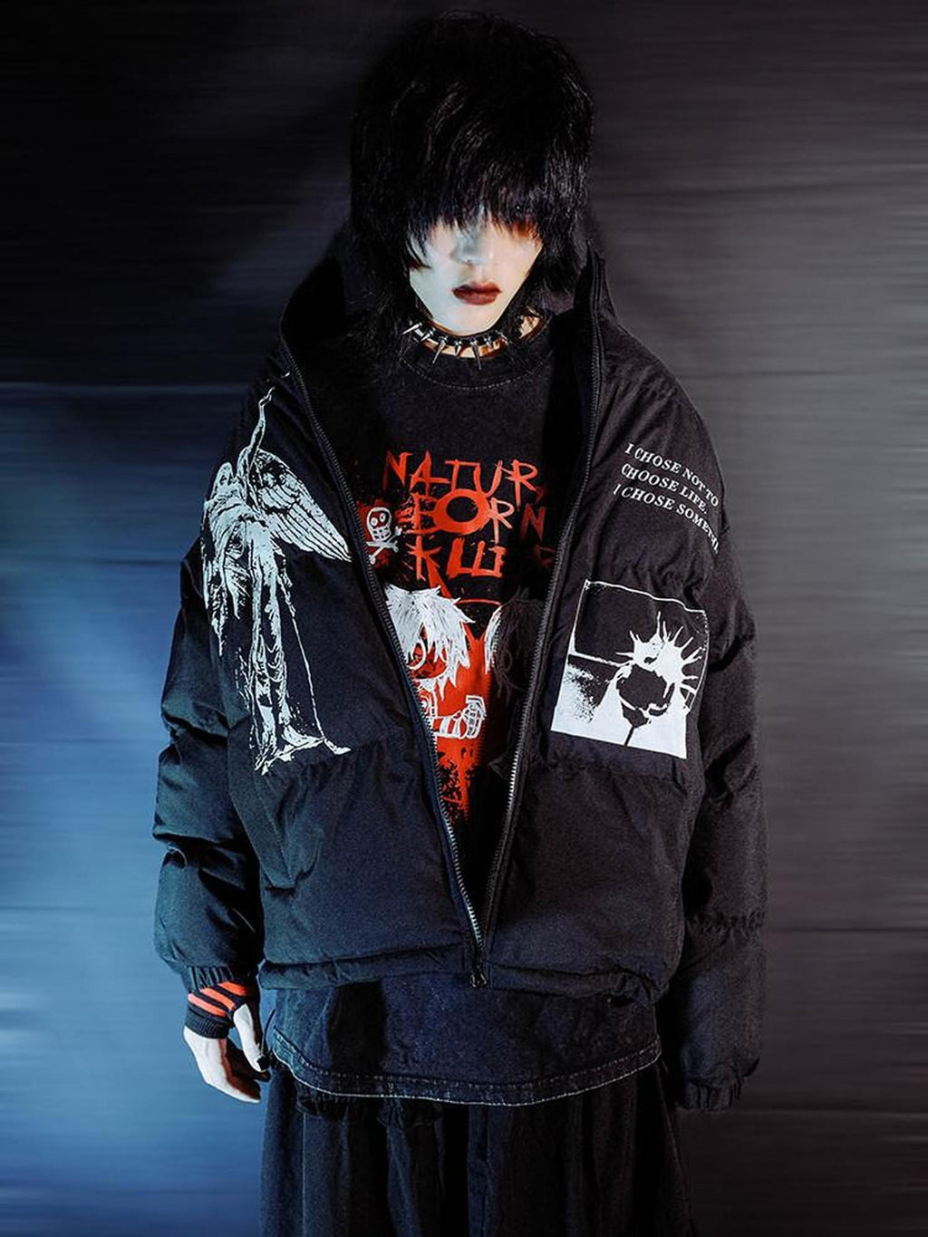 RebelSeed Dark Punk Character Heat Print Stand Collar Women's Polyester Puffer Jackets