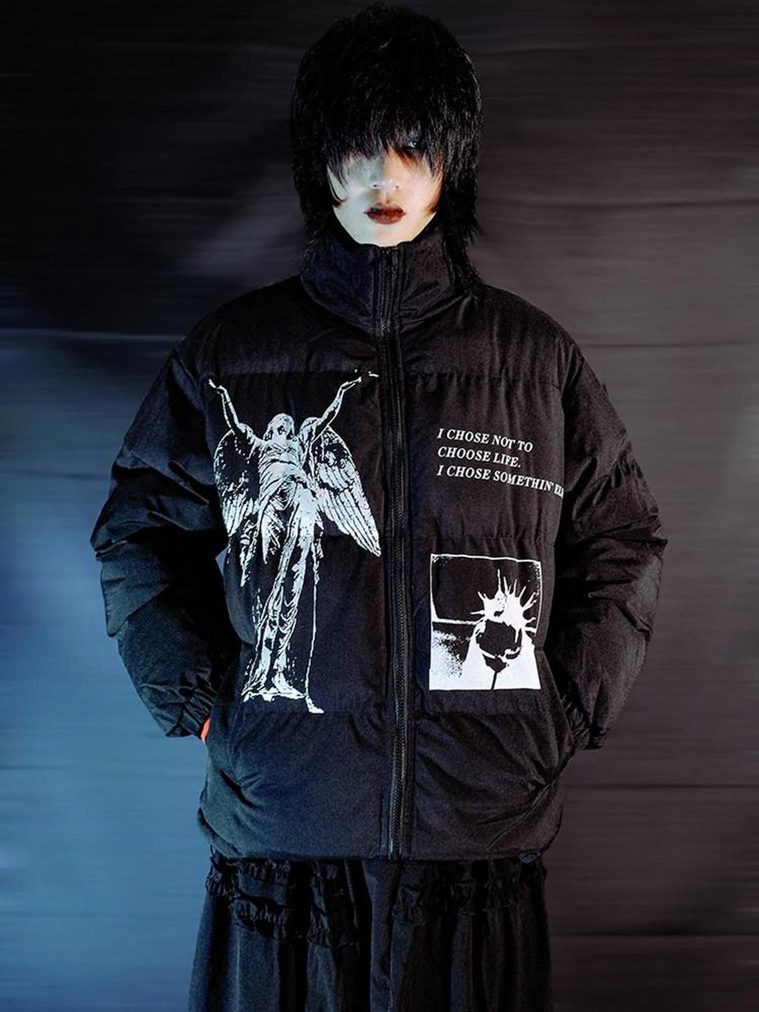 RebelSeed Dark Punk Character Heat Print Stand Collar Women's Polyester Puffer Jackets