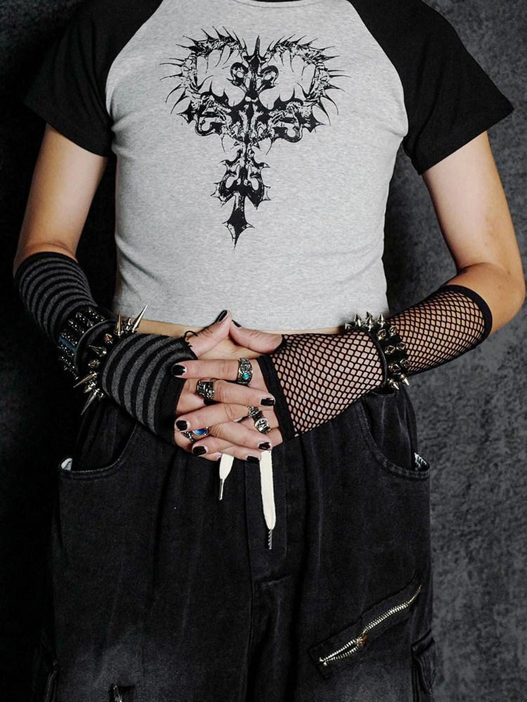 RebelSeed Dark Punk Striped Sleeve Fishnet Fingerless Women's Spandex Gloves & Mittens