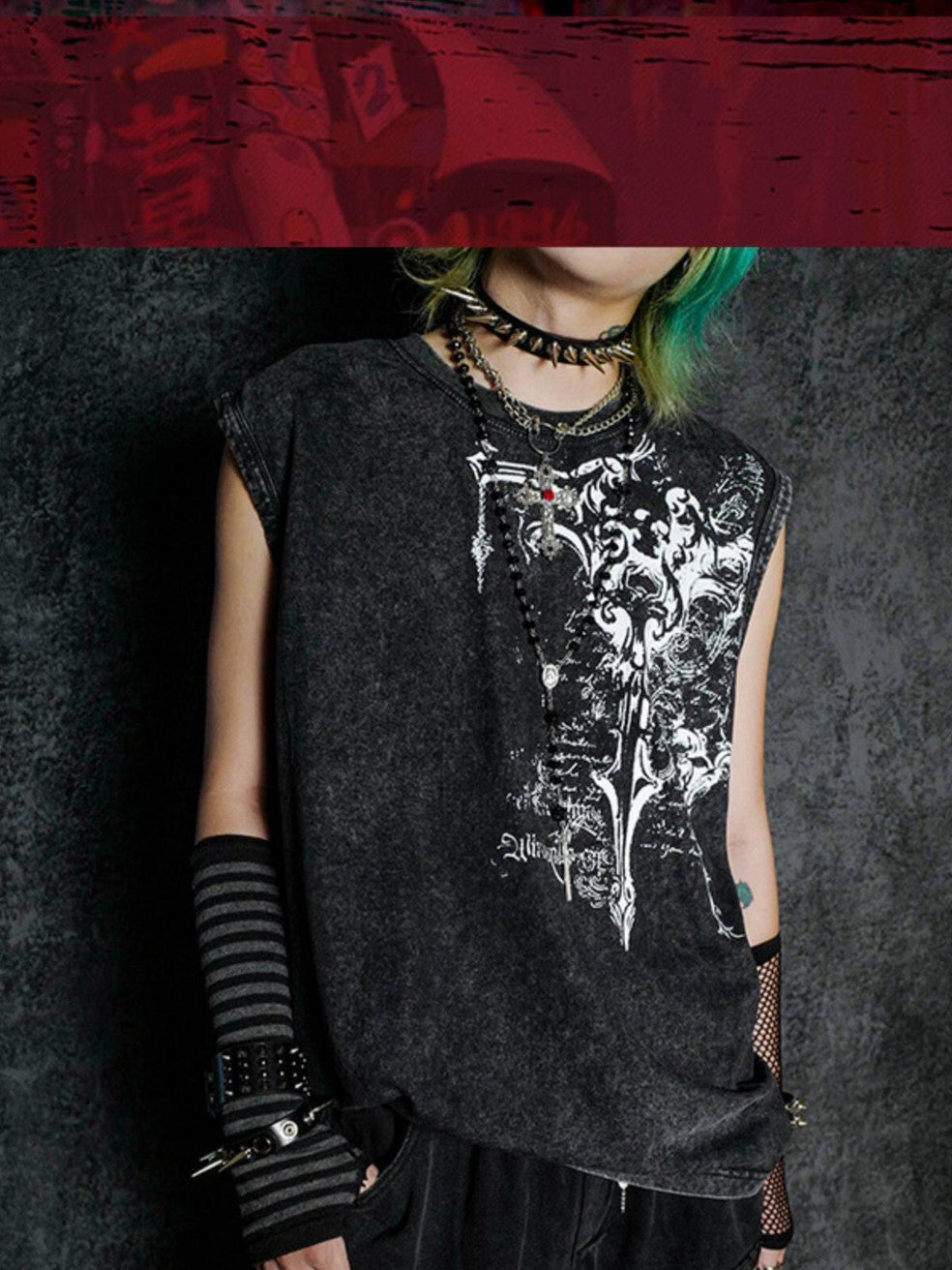 RebelSeed Dark Punk Striped Sleeve Fishnet Fingerless Women's Spandex Gloves & Mittens