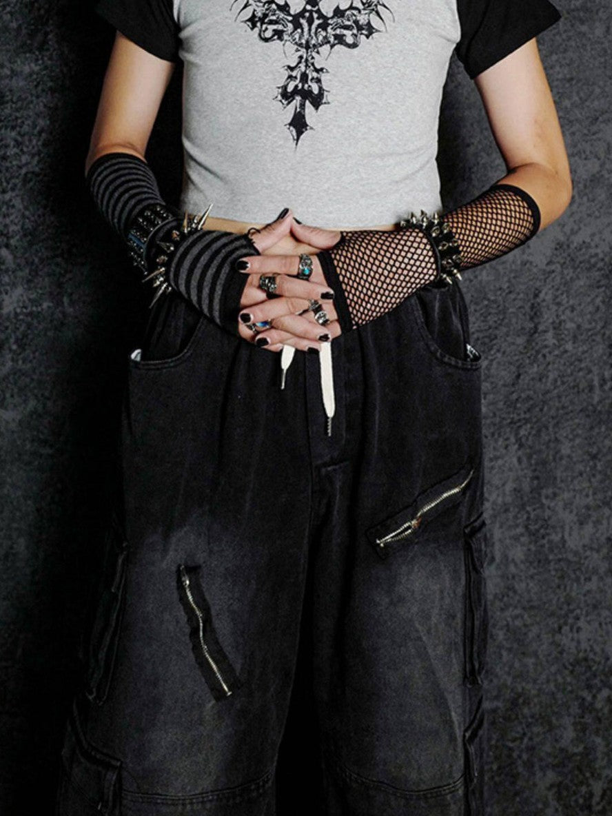 RebelSeed Dark Punk Striped Sleeve Fishnet Fingerless Women's Spandex Gloves & Mittens