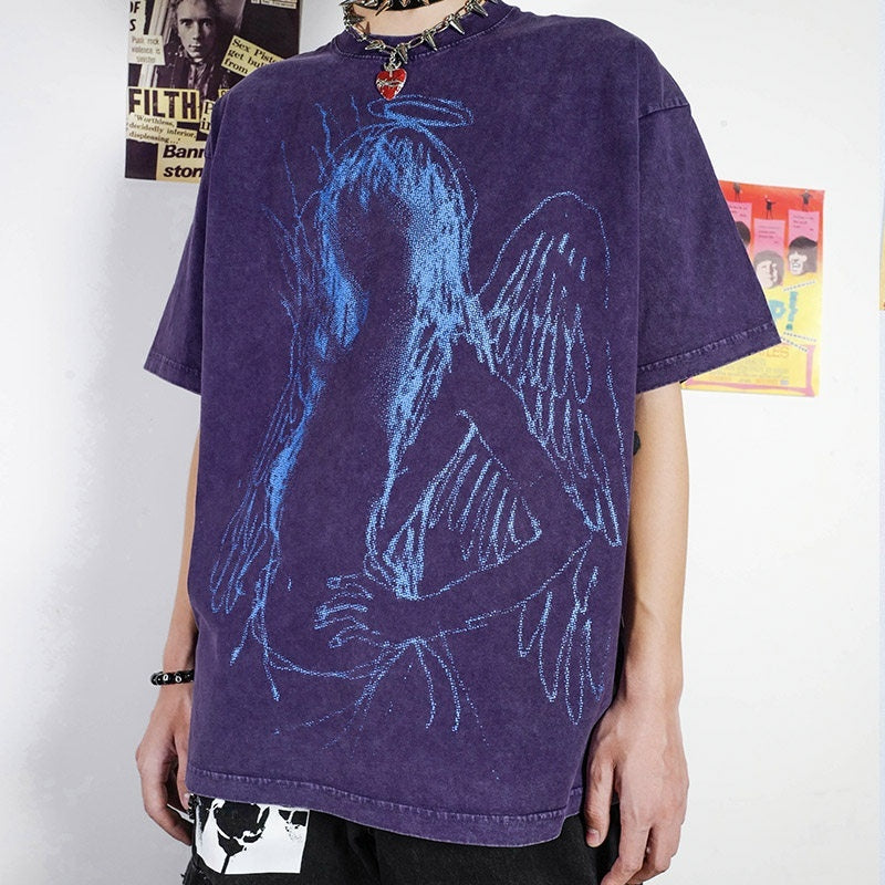 RebelSeed_Dark_Purple_Abstract_Print_Washed_Drop_Shoulder_Women's_Short_Sleeve_T-shirts_721223540434_MISSTT