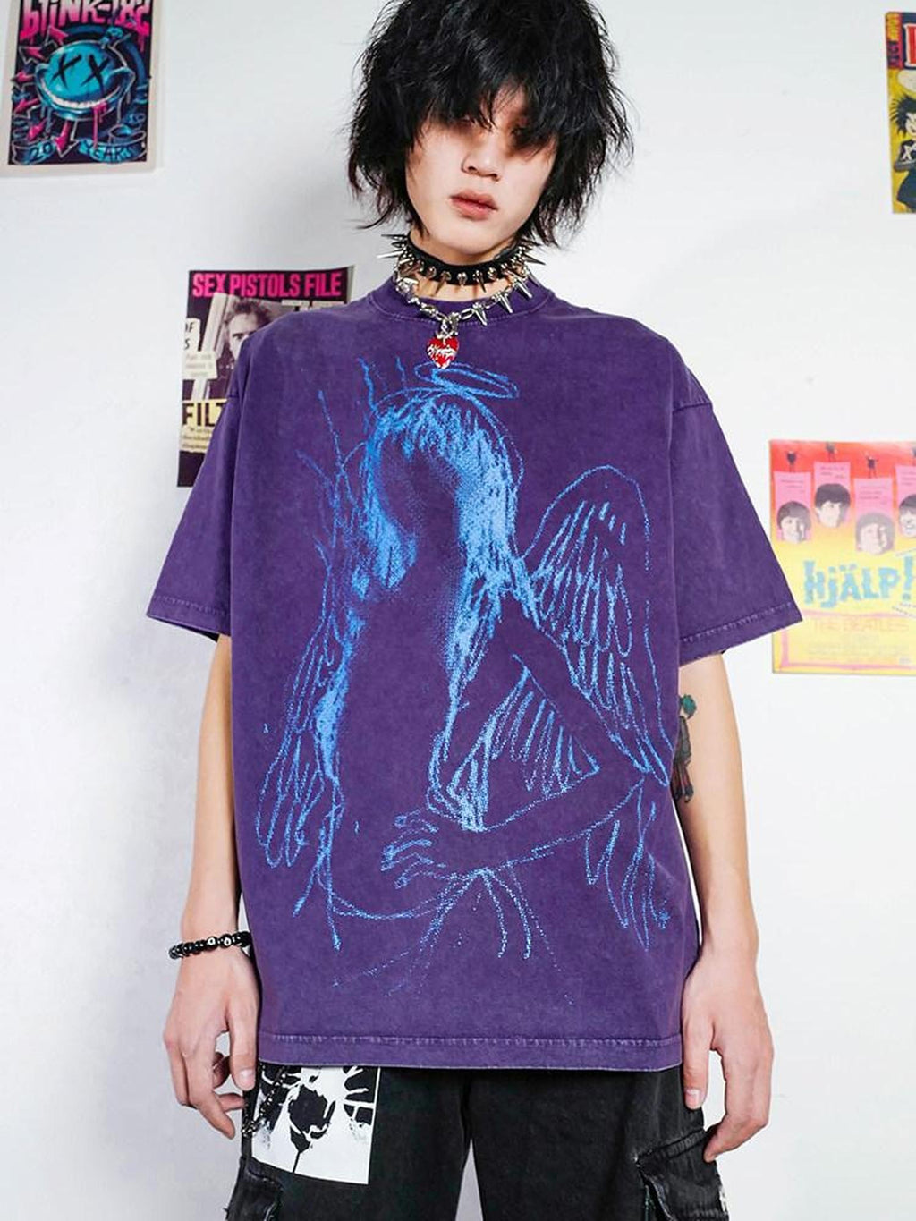RebelSeed Dark Purple Abstract Print Washed Drop Shoulder Women's Short Sleeve T-shirts