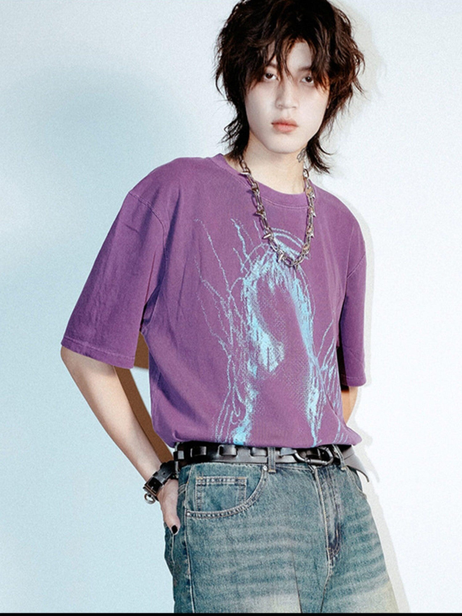 RebelSeed Dark Purple Abstract Print Washed Drop Shoulder Women's Short Sleeve T-shirts