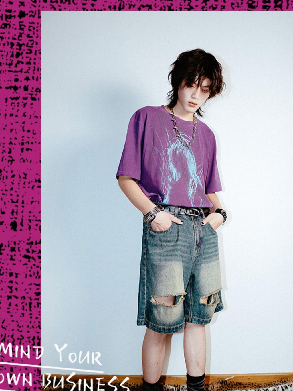 RebelSeed Dark Purple Abstract Print Washed Drop Shoulder Women's Short Sleeve T-shirts