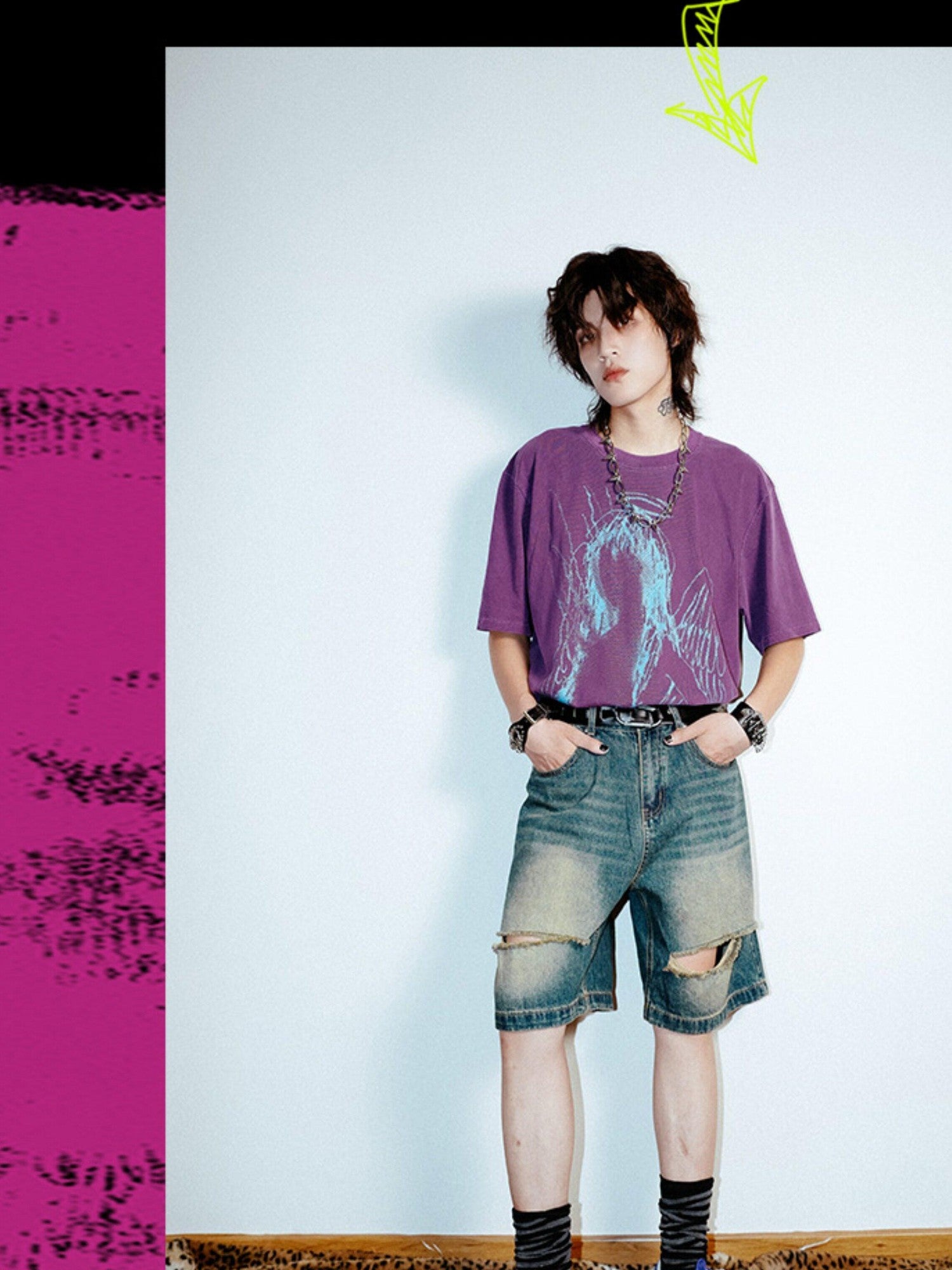 RebelSeed Dark Purple Abstract Print Washed Drop Shoulder Women's Short Sleeve T-shirts