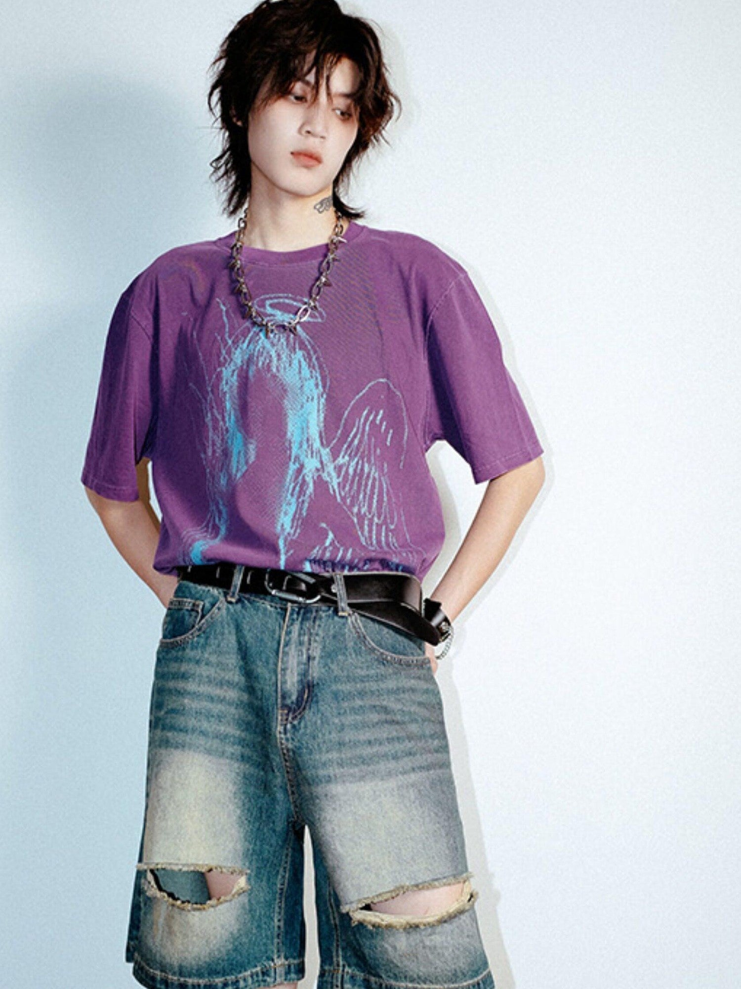 RebelSeed Dark Purple Abstract Print Washed Drop Shoulder Women's Short Sleeve T-shirts