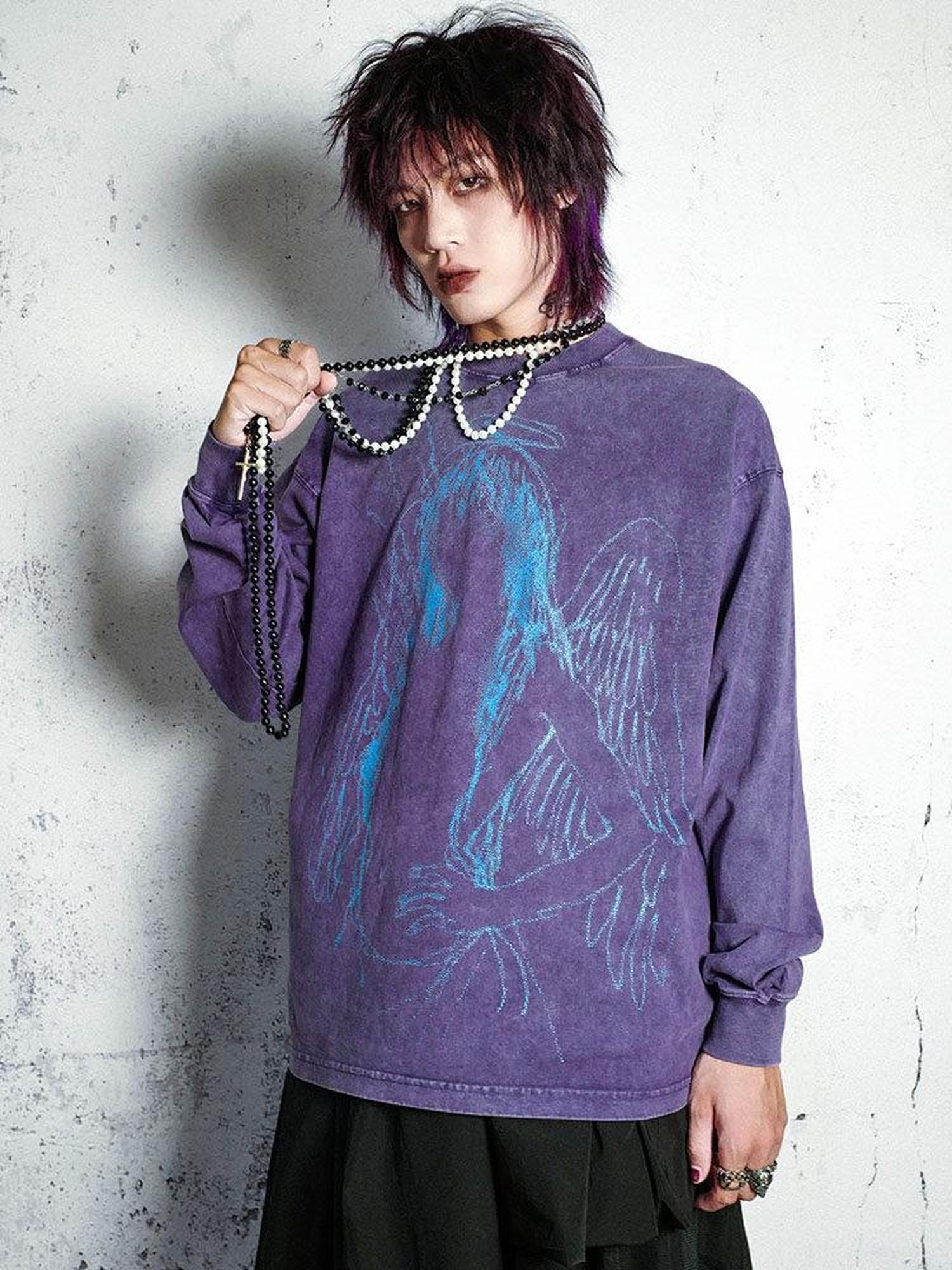 RebelSeed Dark Purple Abstract Print Washed Drop Shoulder Women's Short Sleeve T-shirts
