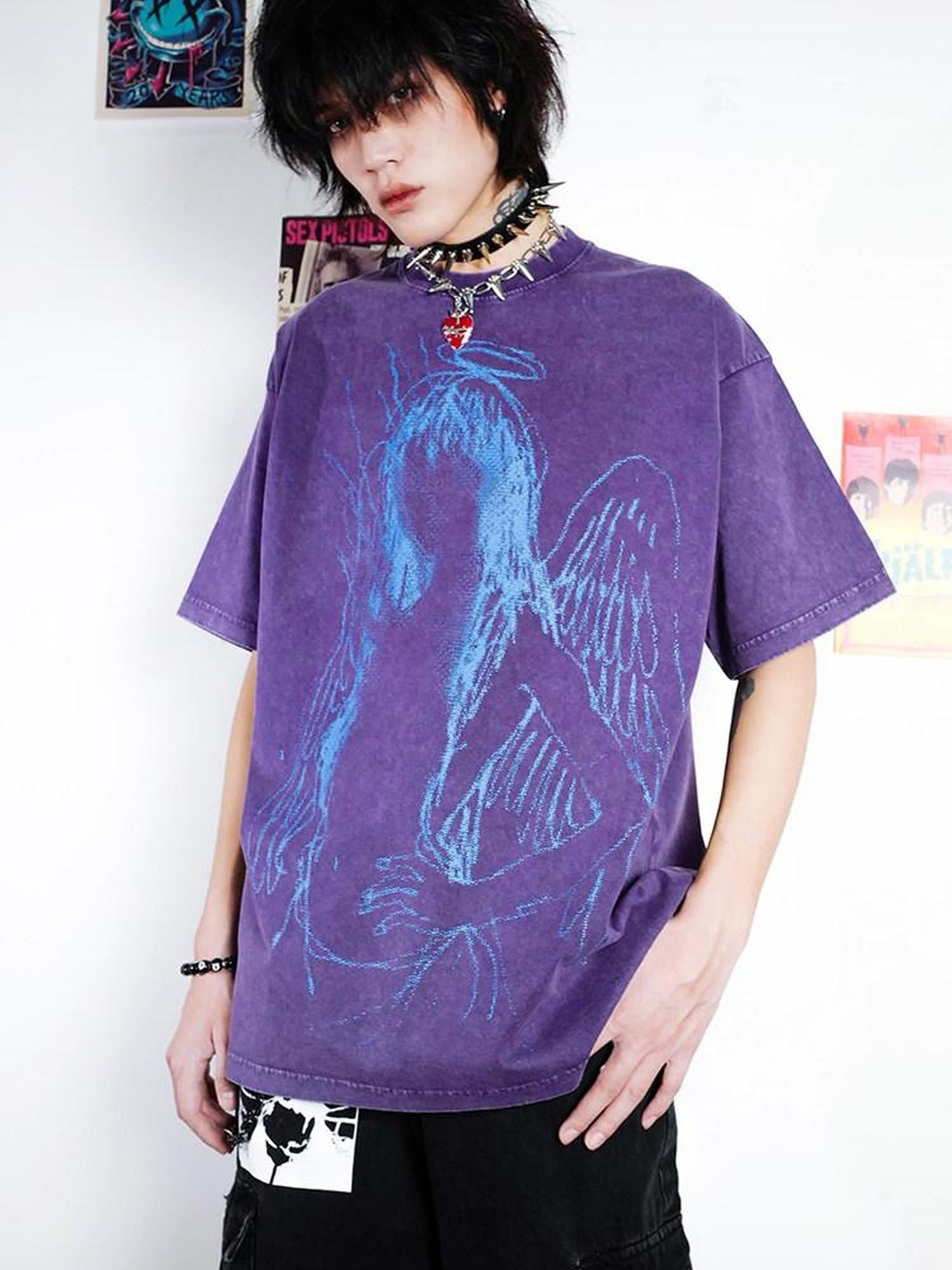 RebelSeed Dark Purple Abstract Print Washed Drop Shoulder Women's Short Sleeve T-shirts
