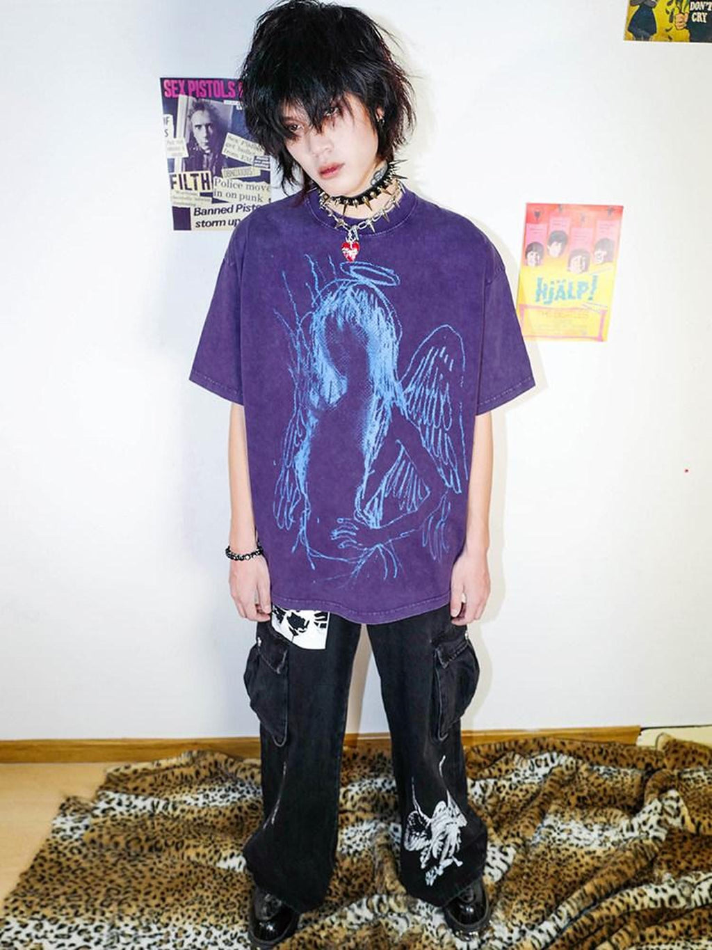 RebelSeed Dark Purple Abstract Print Washed Drop Shoulder Women's Short Sleeve T-shirts