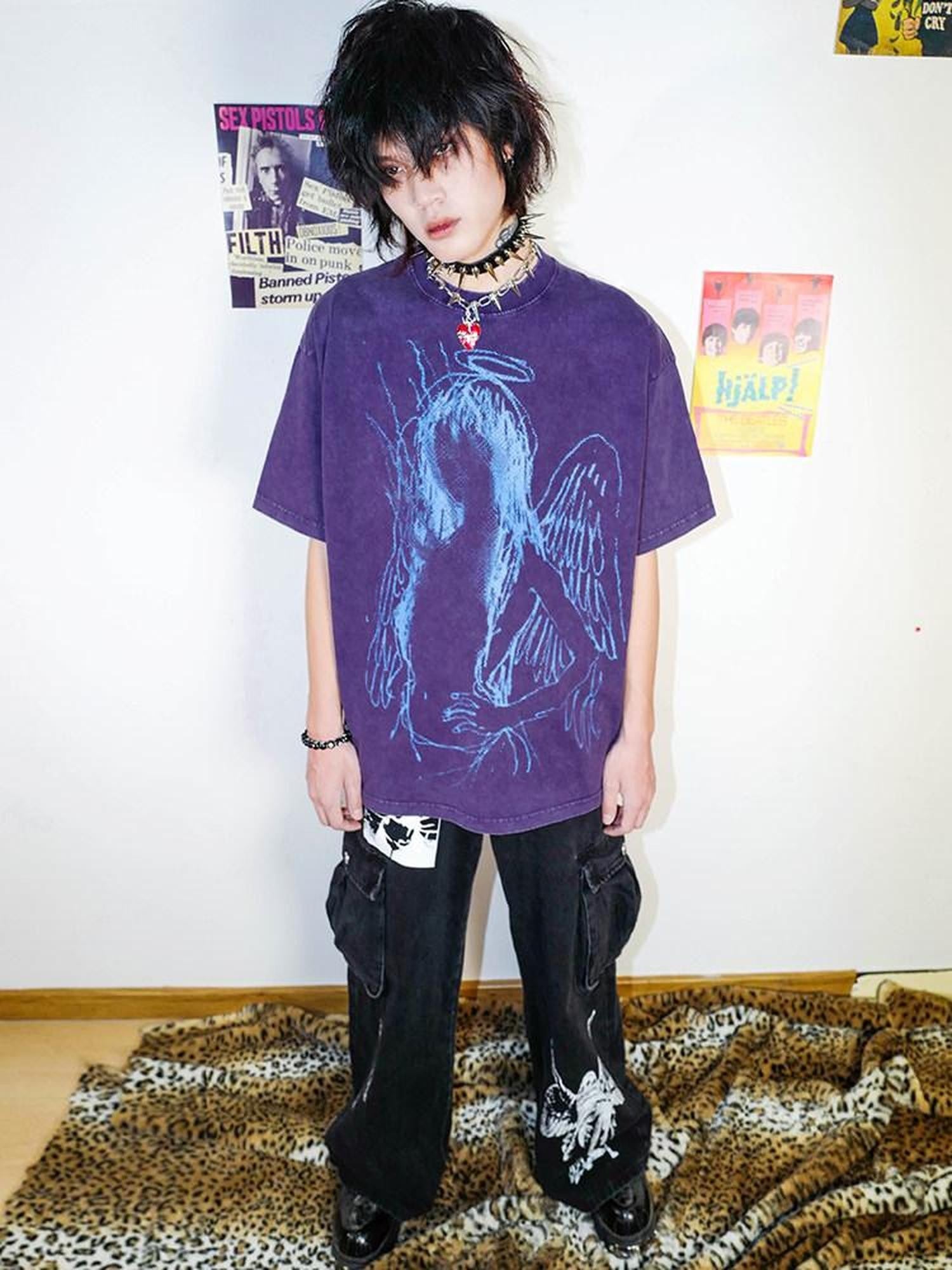 RebelSeed Dark Purple Abstract Print Washed Drop Shoulder Women's Short Sleeve T-shirts