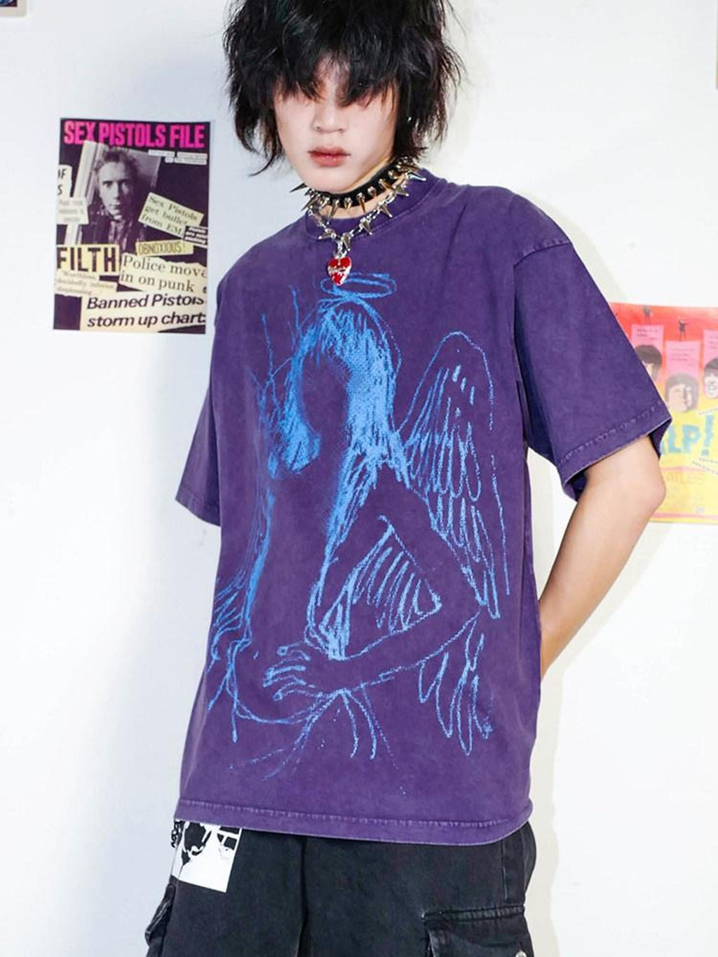 RebelSeed Dark Purple Abstract Print Washed Drop Shoulder Women's Short Sleeve T-shirts