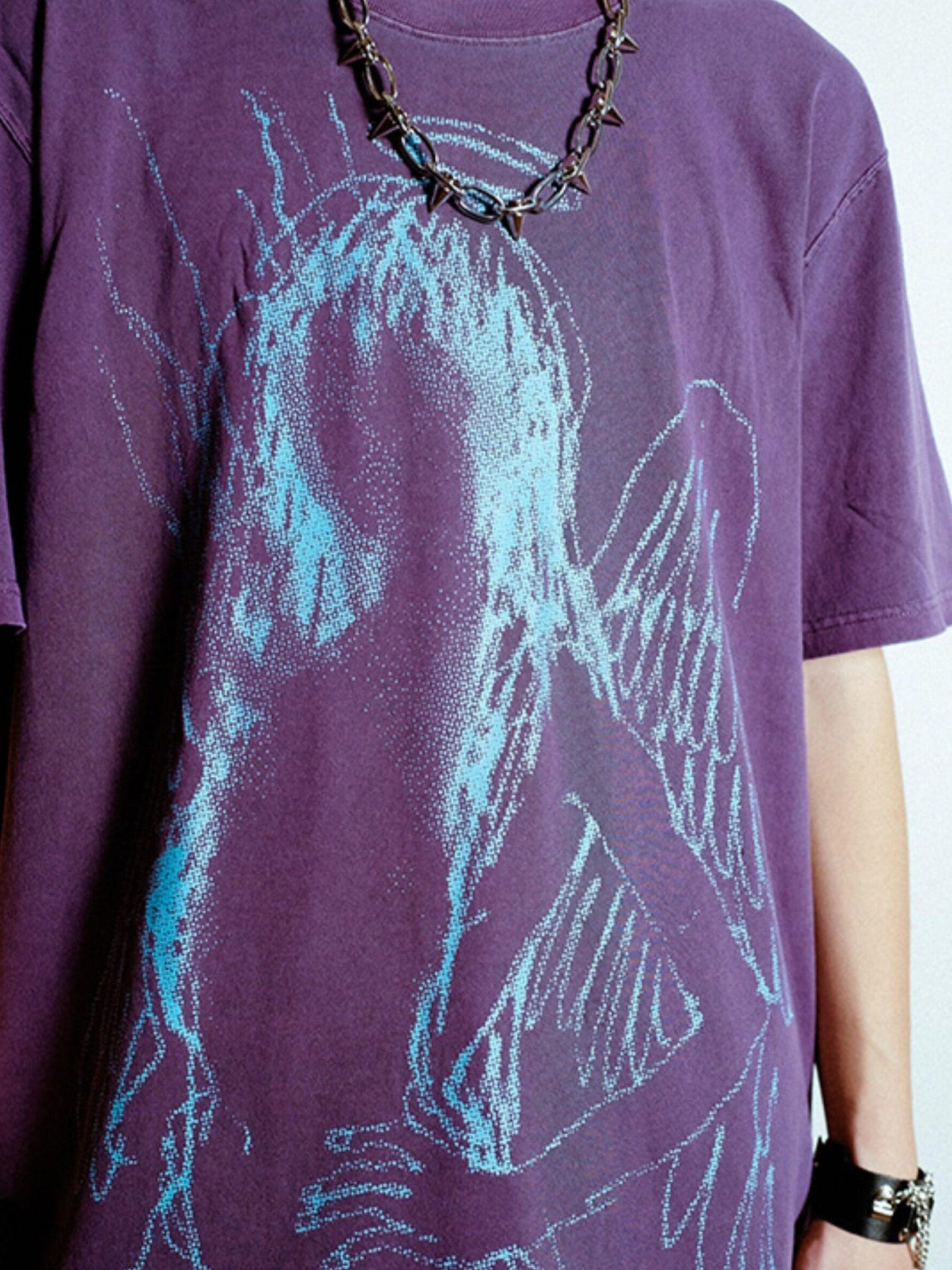 RebelSeed Dark Purple Abstract Print Washed Drop Shoulder Women's Short Sleeve T-shirts