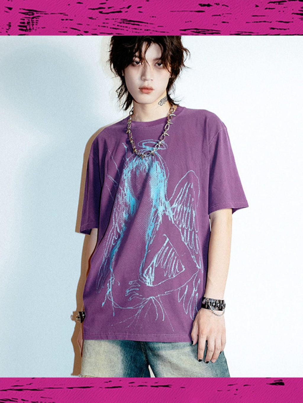 RebelSeed Dark Purple Abstract Print Washed Drop Shoulder Women's Short Sleeve T-shirts