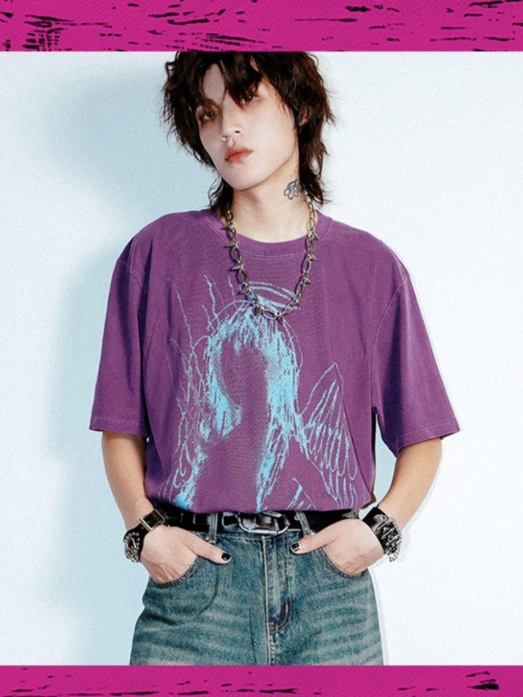RebelSeed Dark Purple Abstract Print Washed Drop Shoulder Women's Short Sleeve T-shirts