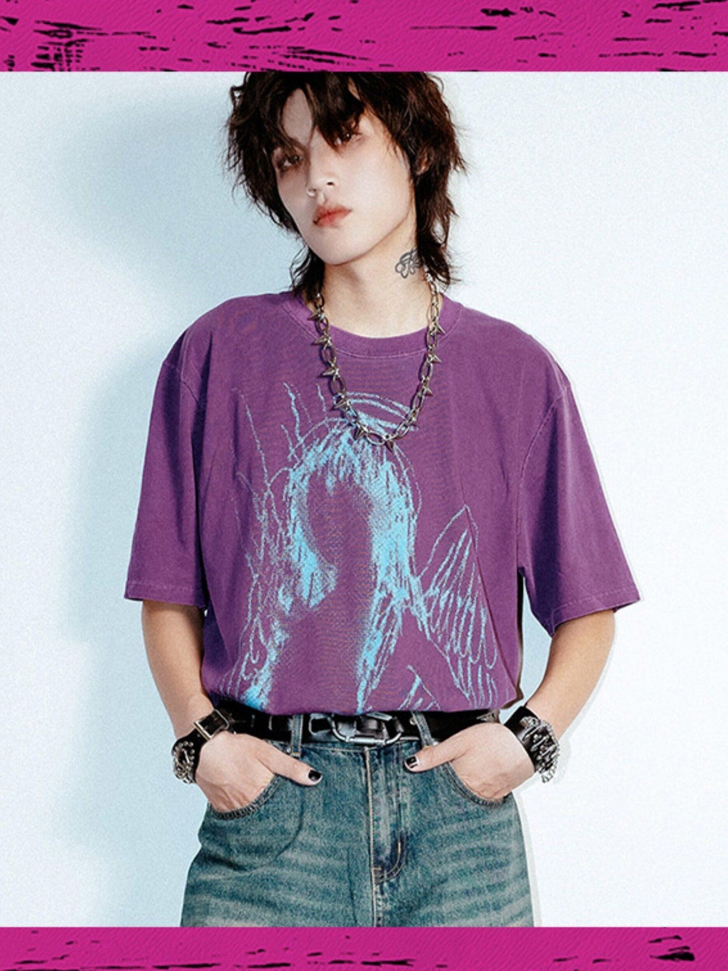 RebelSeed Dark Purple Abstract Print Washed Drop Shoulder Women's Short Sleeve T-shirts