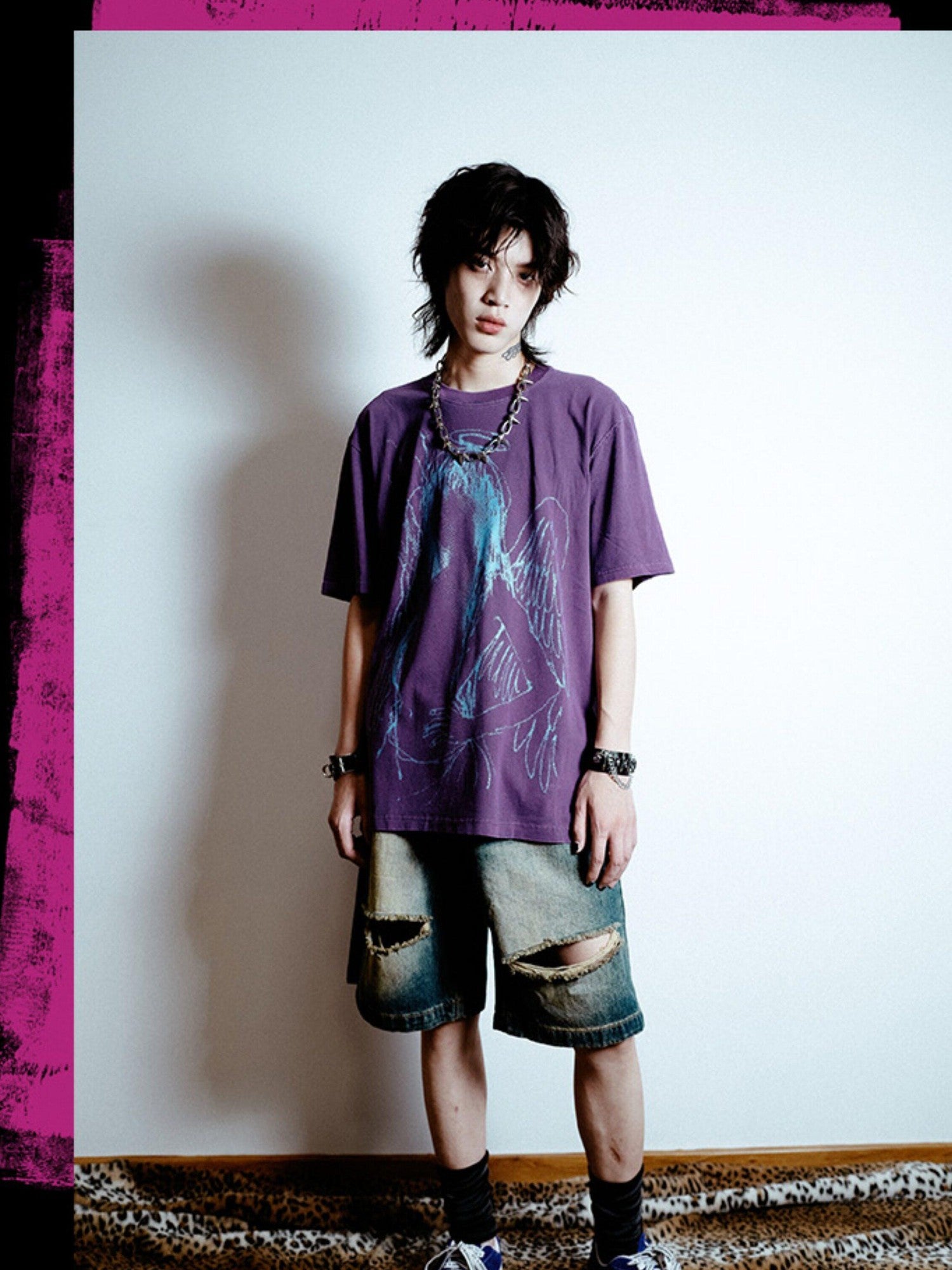 RebelSeed Dark Purple Abstract Print Washed Drop Shoulder Women's Short Sleeve T-shirts