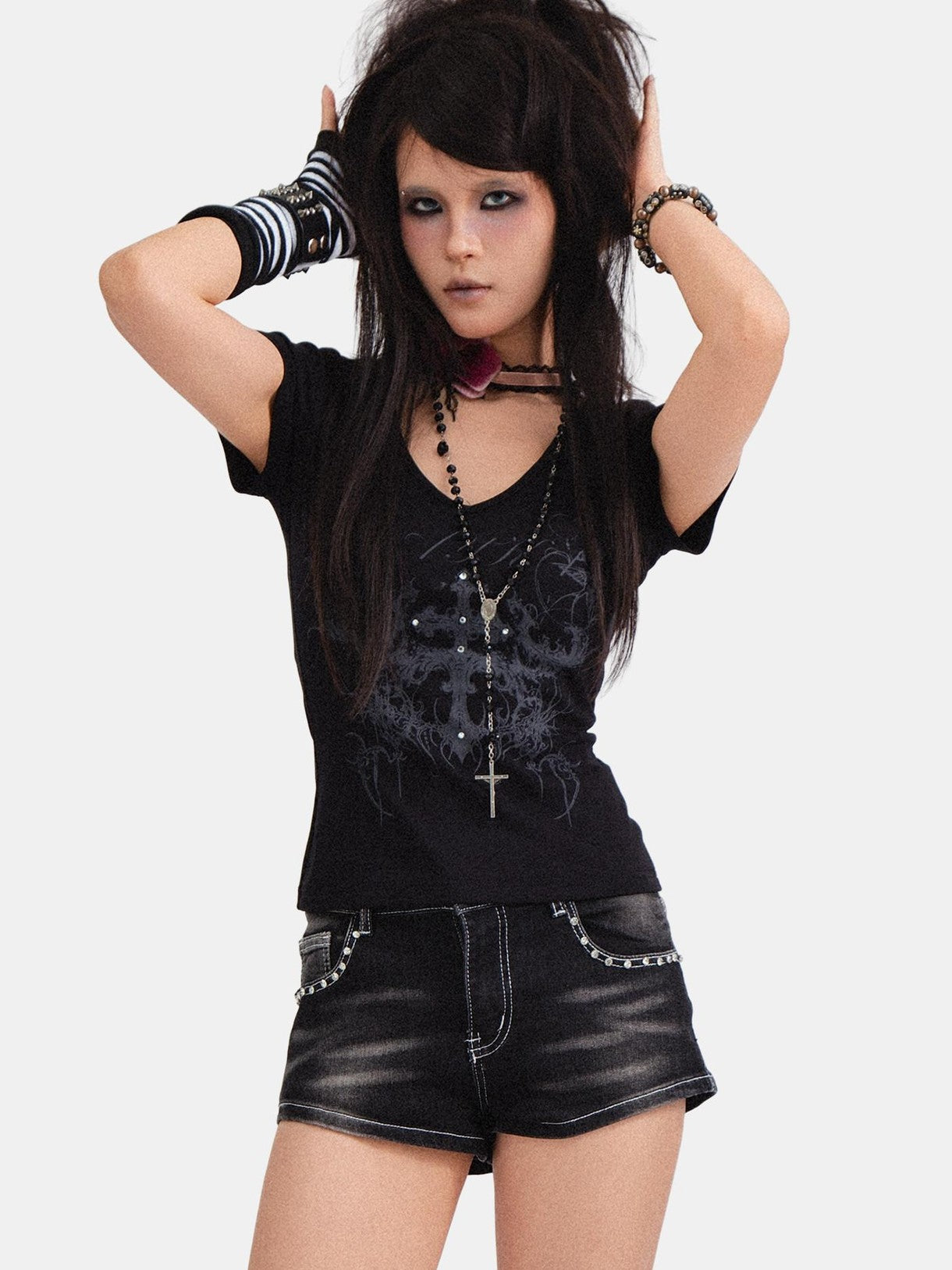 RebelSeed Dark Rock Skull Demon Print V-neck Slim Fit Women's Cotton Short Sleeve T-shirts