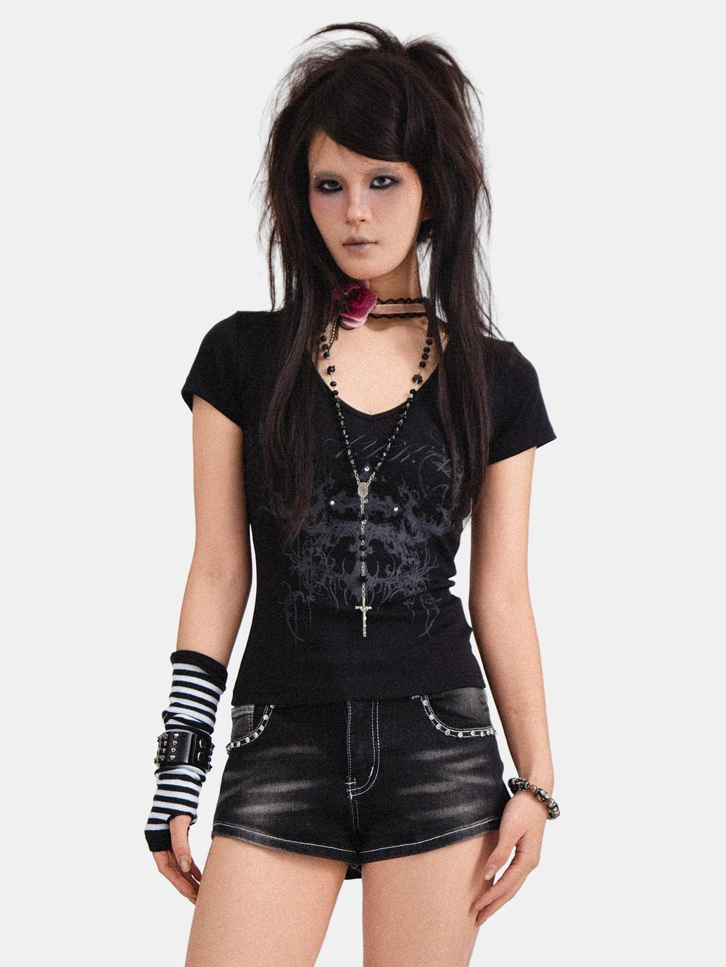RebelSeed Dark Rock Skull Demon Print V-neck Slim Fit Women's Cotton Short Sleeve T-shirts