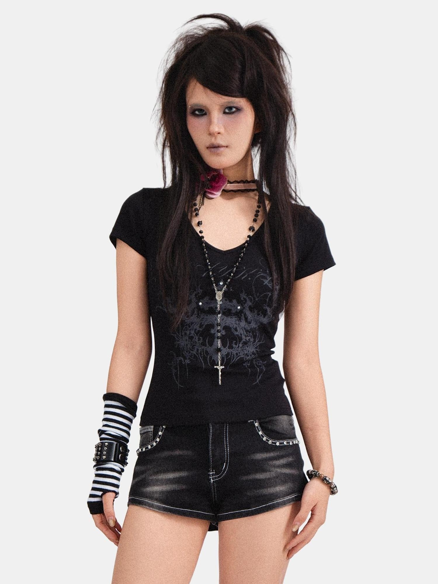 RebelSeed Dark Rock Skull Demon Print V-neck Slim Fit Women's Cotton Short Sleeve T-shirts