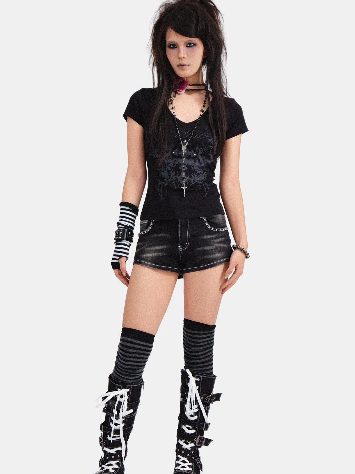 RebelSeed Dark Rock Skull Demon Print V-neck Slim Fit Women's Cotton Short Sleeve T-shirts