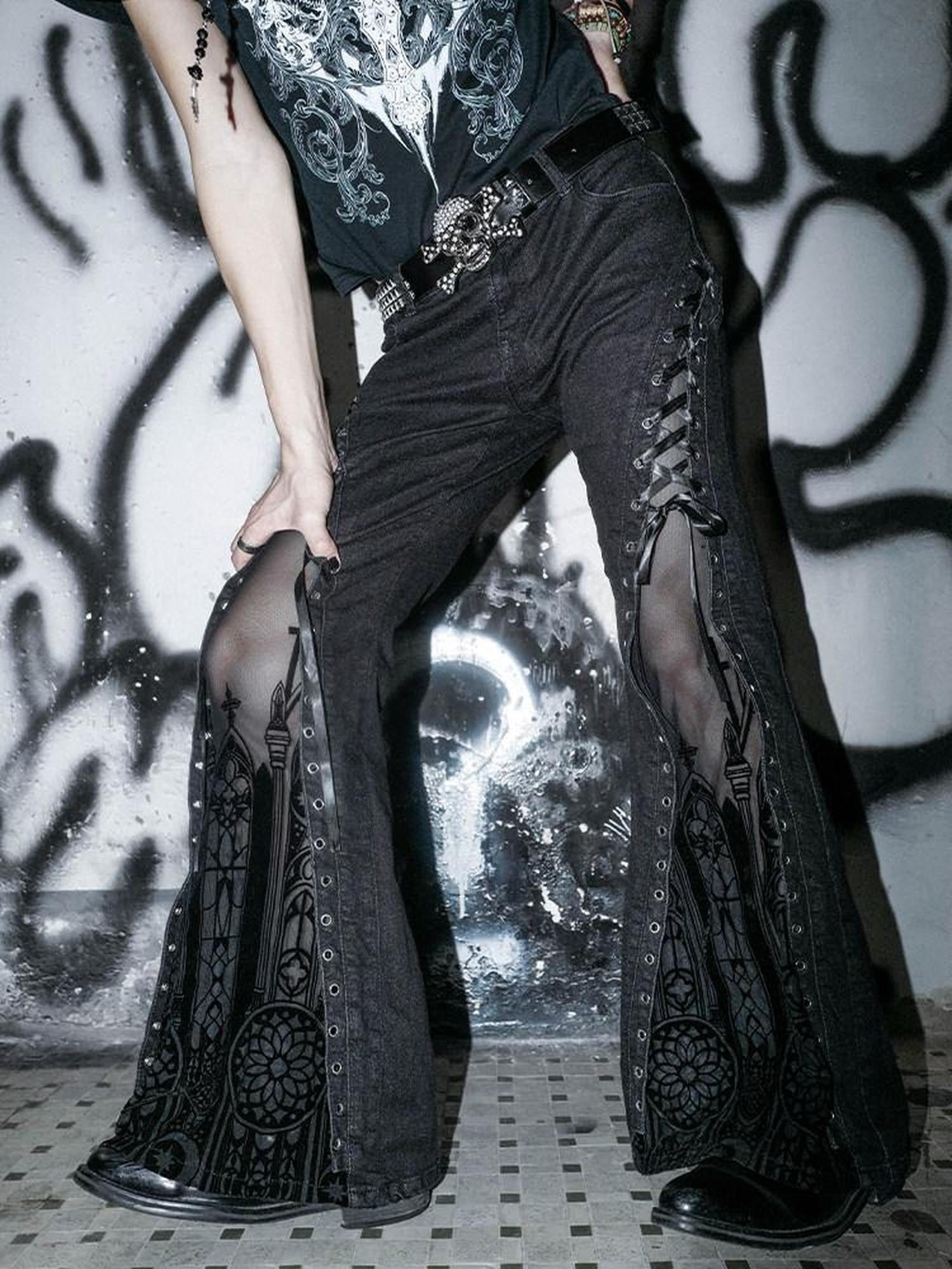 RebelSeed Dark Shadow Punk Subculture Washed Distressed Women's Denim Bootcut Jeans