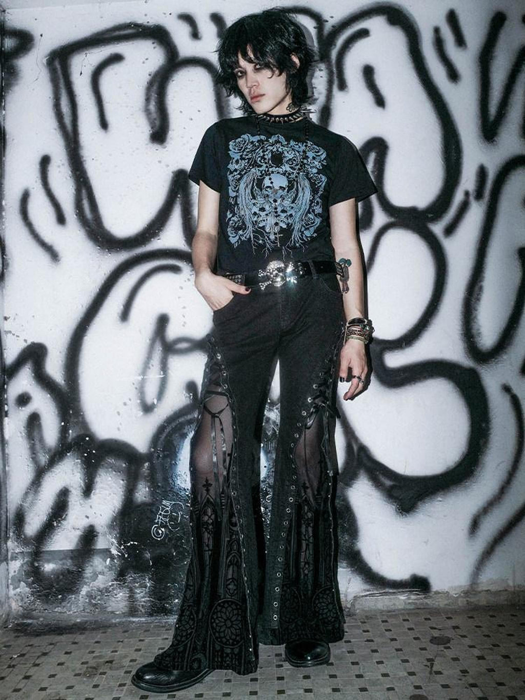 RebelSeed Dark Shadow Punk Subculture Washed Distressed Women's Denim Bootcut Jeans