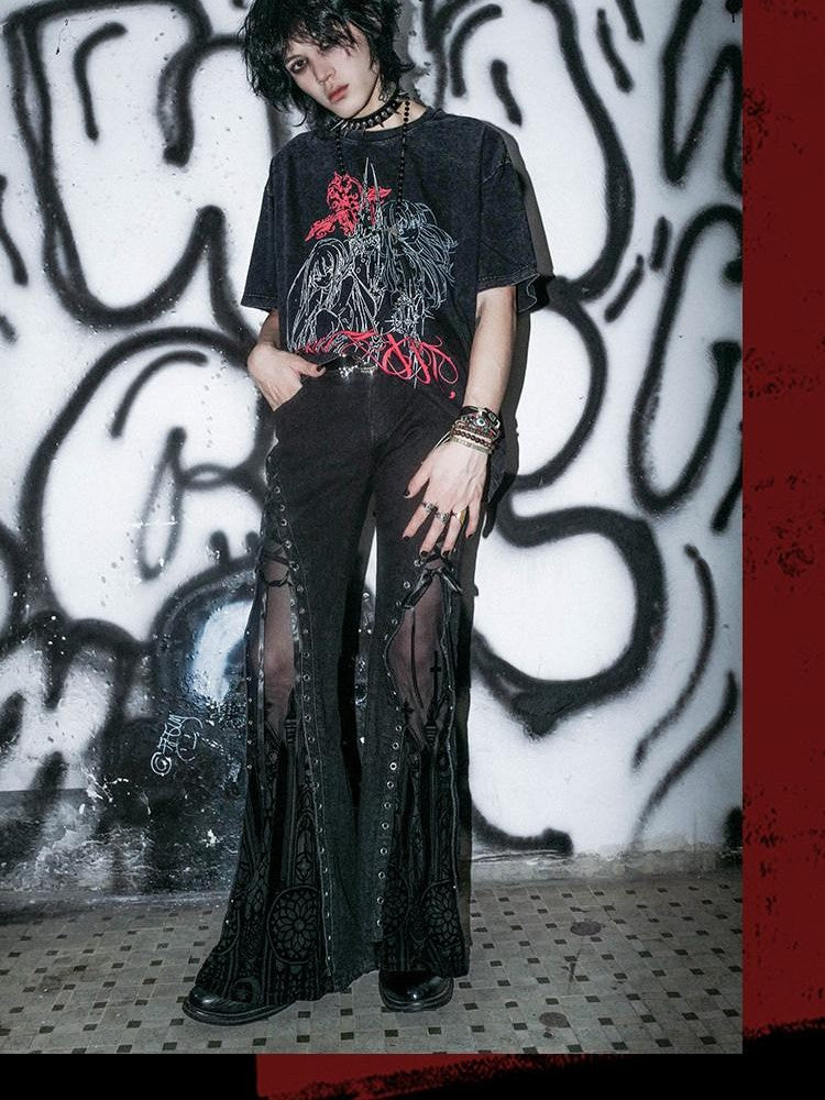 RebelSeed Dark Shadow Punk Subculture Washed Distressed Women's Denim Bootcut Jeans