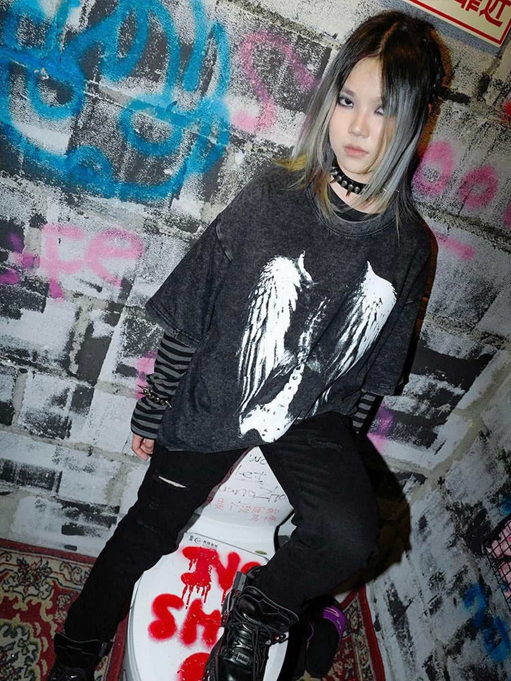 RebelSeed Dark Skeleton Wing Striped Heat Transfer Print Women's Long Sleeve T-shirts