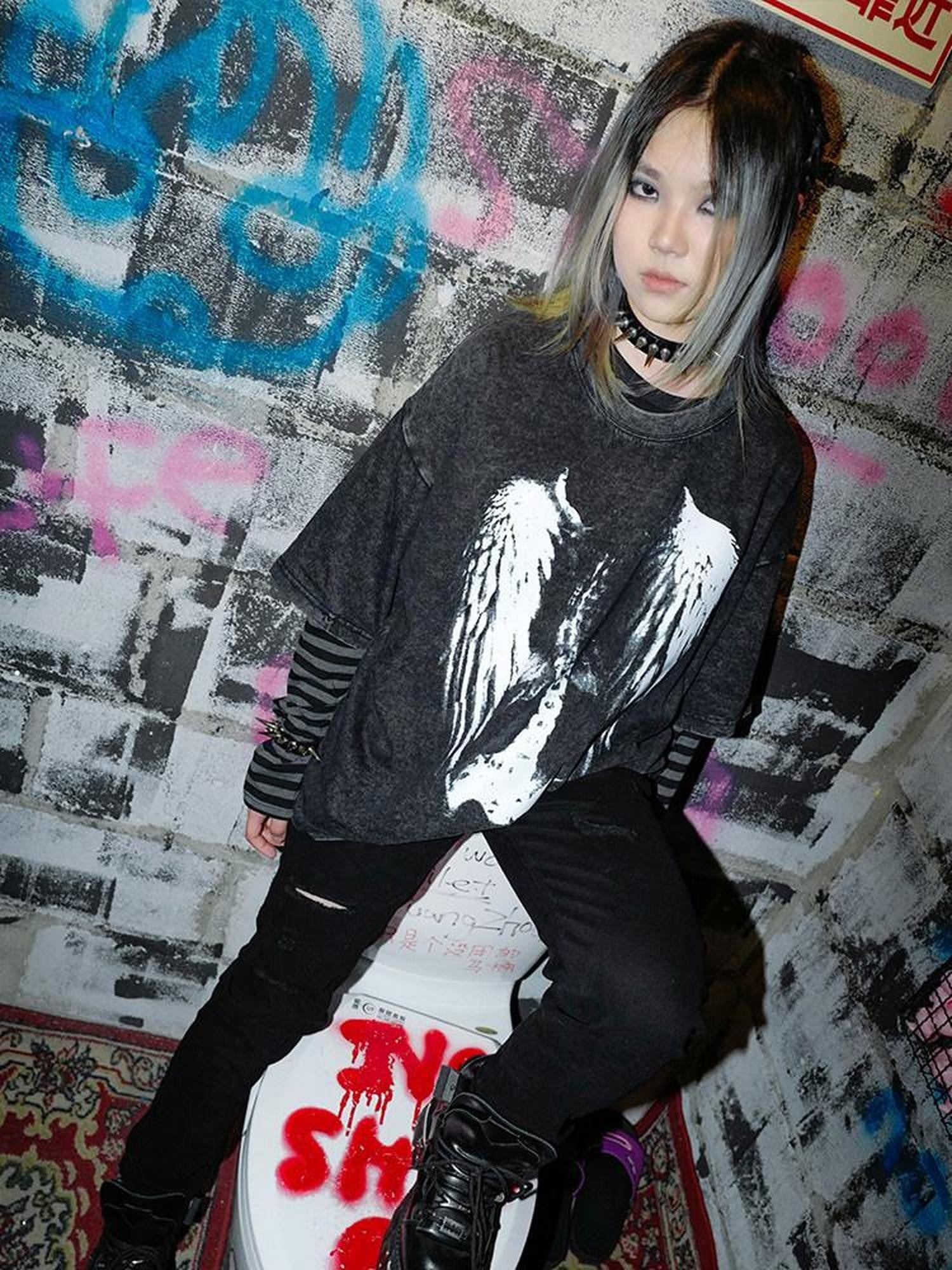 RebelSeed Dark Skeleton Wing Striped Heat Transfer Print Women's Long Sleeve T-shirts
