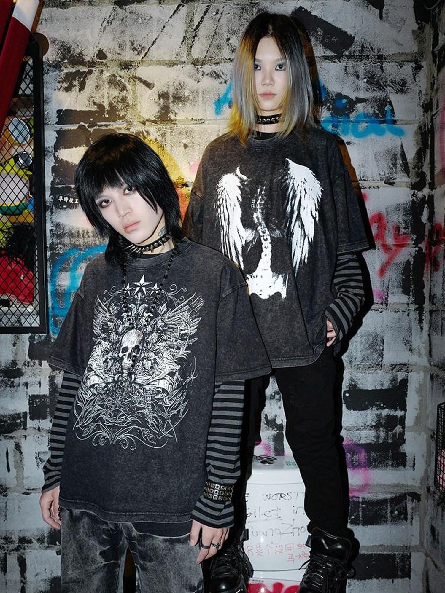 RebelSeed Dark Skeleton Wing Striped Heat Transfer Print Women's Long Sleeve T-shirts