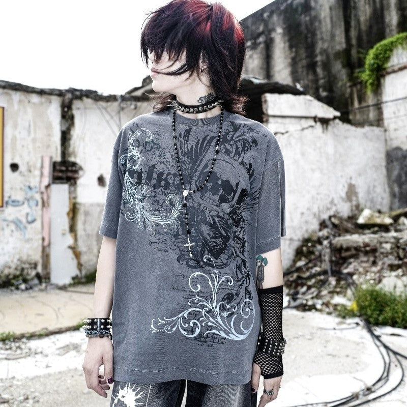 RebelSeed_Dark_Skull_Demon_Heat_Transfer_Print_Punk_Women's_Cotton_Short_Sleeve_T-shirts_921889997796_MISSTT